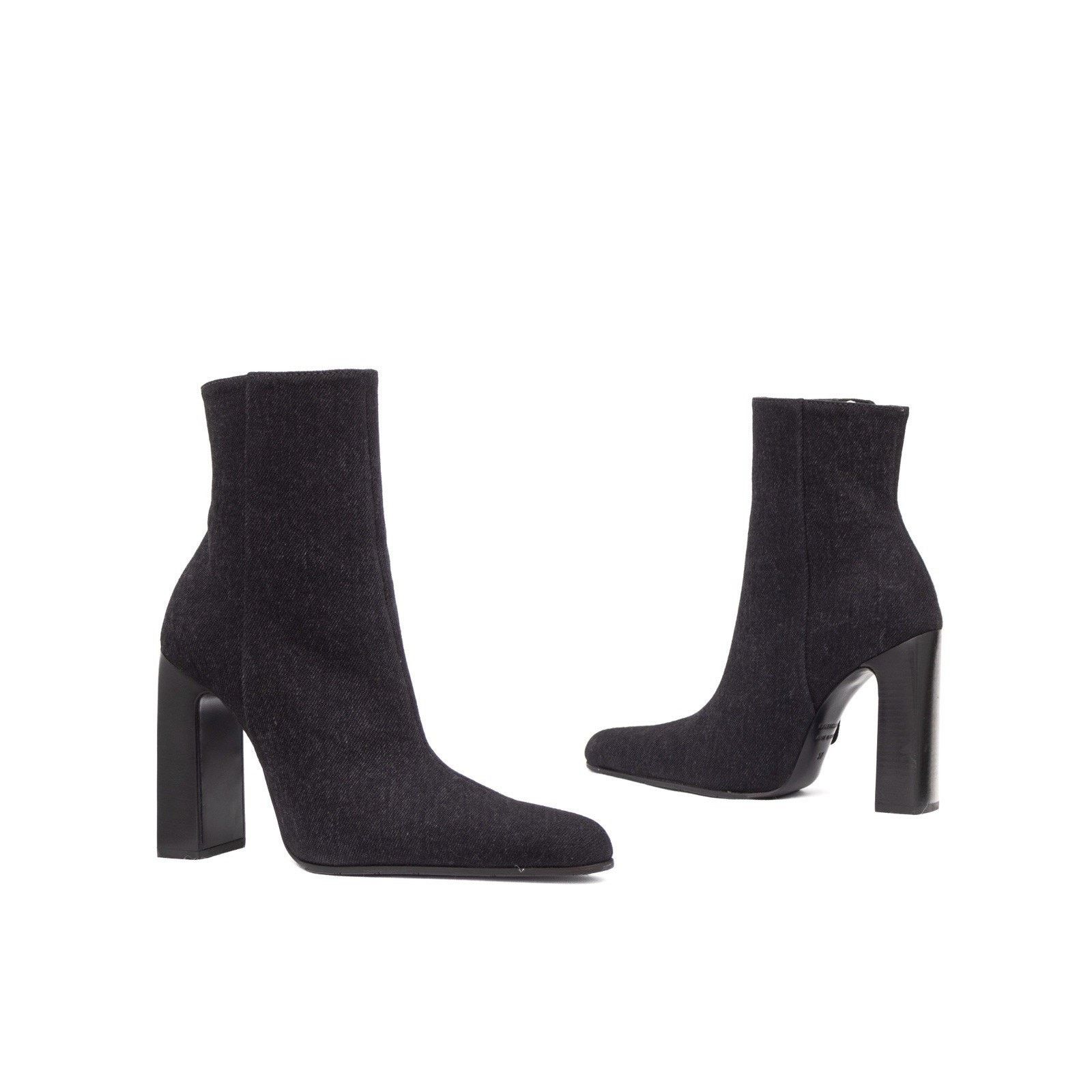 940$ BALENCIAGA Denim Ankle Side Zip Block Heel Boots Grey