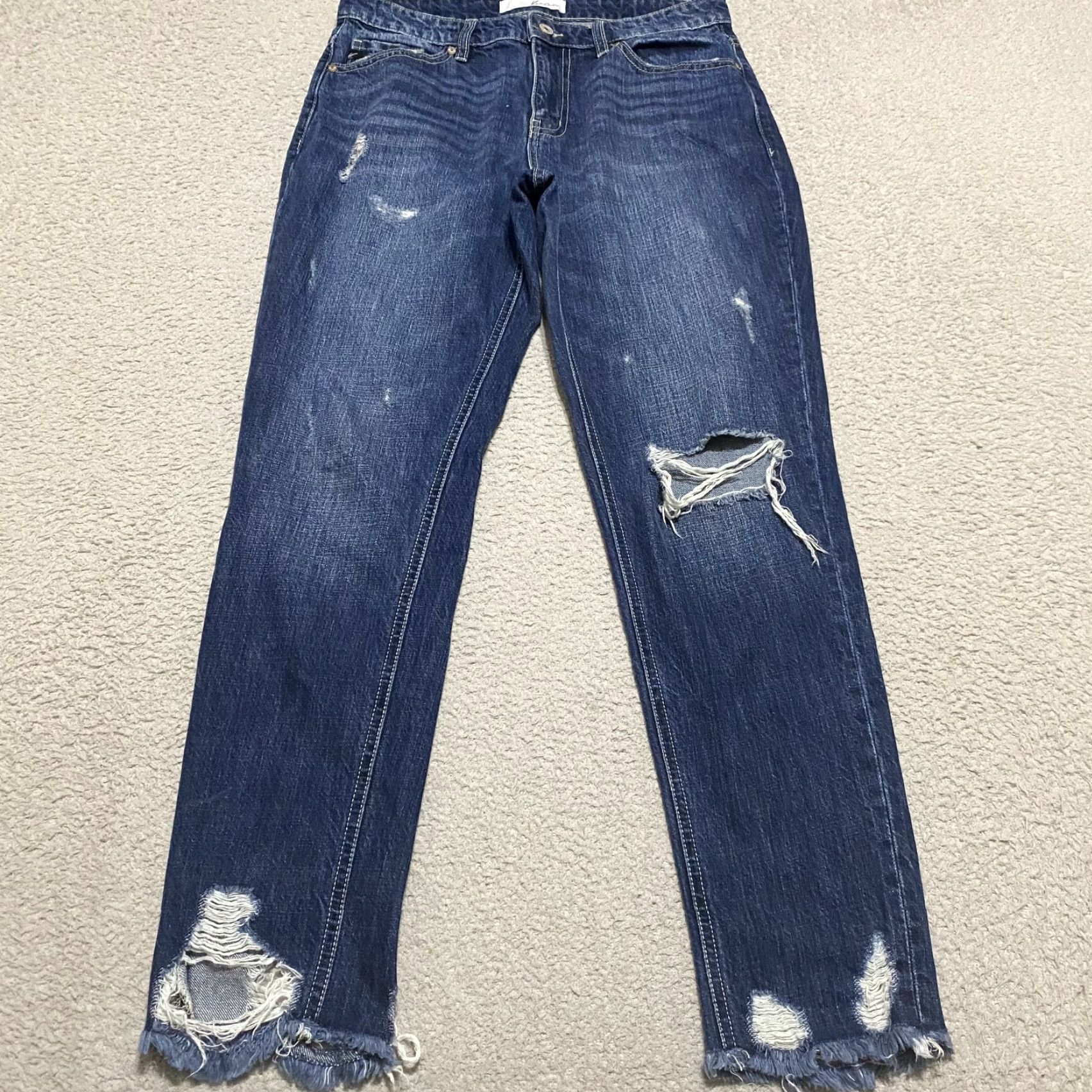 Vintage KanCan Jeans Womens Jeans Distressed Straight Mid Rise Dark Wash Blue Denim 5 Juniors Regular 29in Inseam 28in Button Zip Pockets Logo Fringe Size 27" / US 4 / IT 40 - 2 Thumbnail