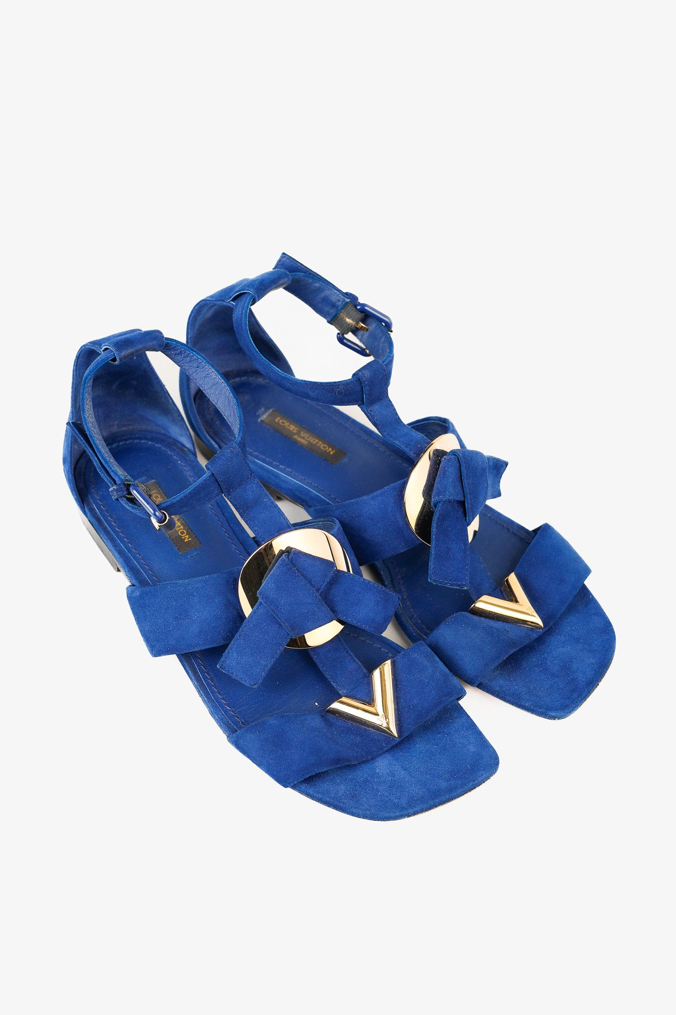 Louis Vuitton Louis Vuitton Gold-Medallion Blue Suede Knot Flat Sandals Size US 6.5 / IT 36.5 - 1 Thumbnail