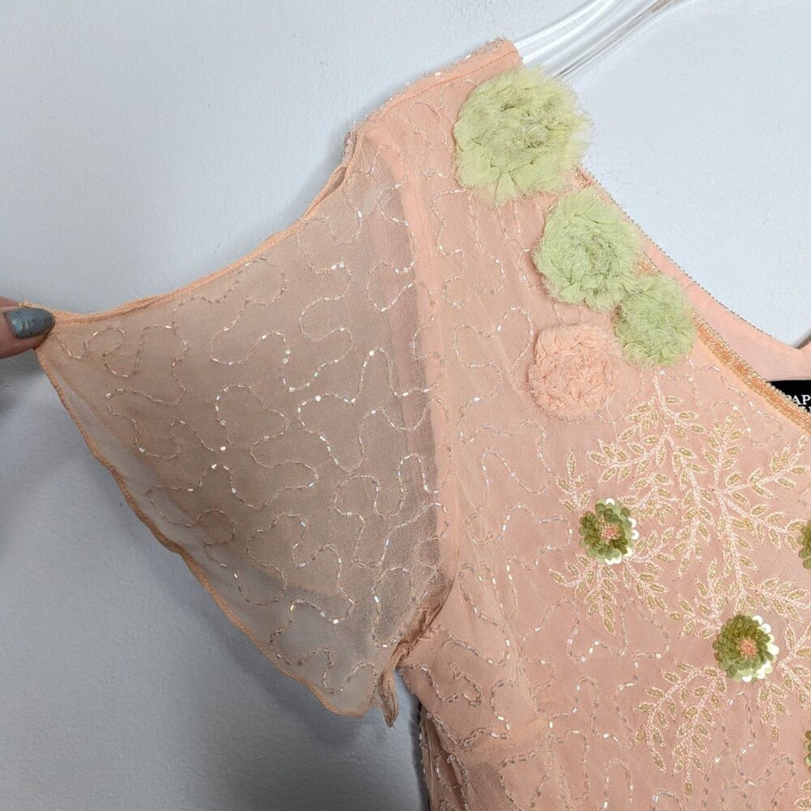 Adrianna Papell Adrianna Papell Pink Short Sleeve Beaded Sequin V-Neck Top Size XL / US 12-14 / IT 48-50 - 12 Thumbnail