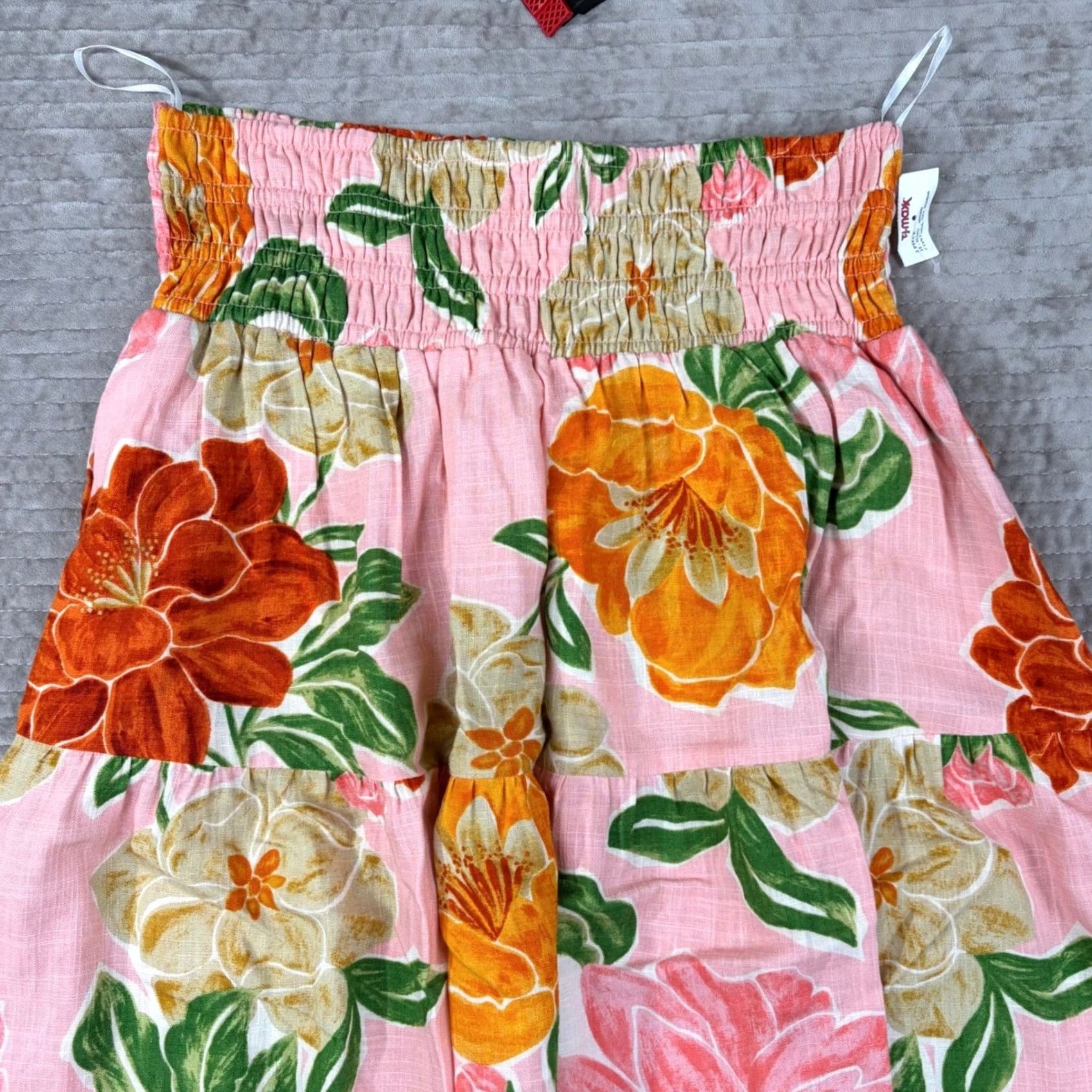 Vintage Paper Heart Floral Maxi Skirt XL Pink Linen Blend Smocked Tiered Boho Tropical Linen Rayon Smocked Elastic Waist Pockets Pink Floral Size 40" / US 18 - 2 Thumbnail