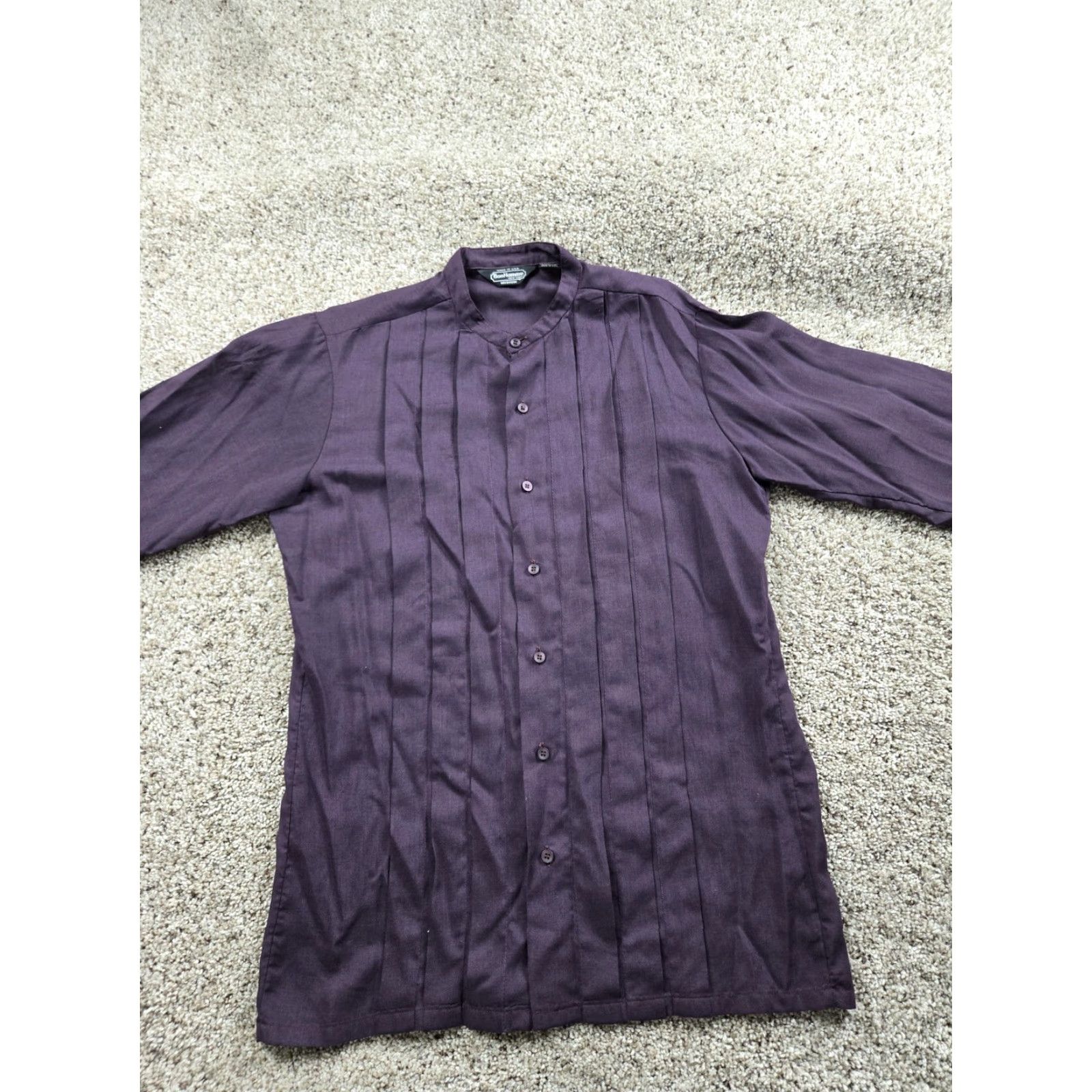 Vintage VINTAGE BonHomme Shirt Mens M Purple Band Collar Pleated Front Button-Up Solid Polyester Blend Size 40R - 3 Thumbnail