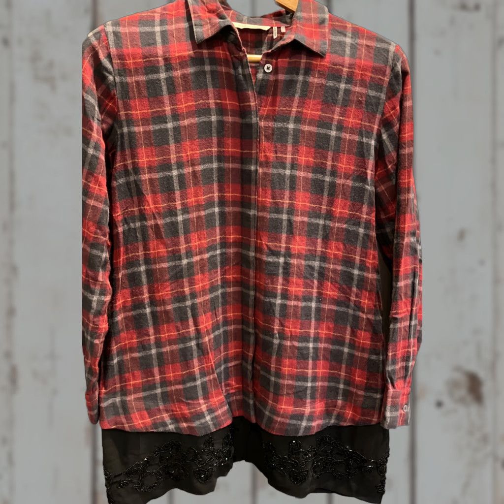 Soft Surroundings Soft Surroundings Shirt Women M Red Plaid Flannel Button-Up Long Sleeve Bling Hem Beads Collared Tunic Casual Fall Winter Boho Size M / US 6-8 / IT 42-44 - 1 Thumbnail