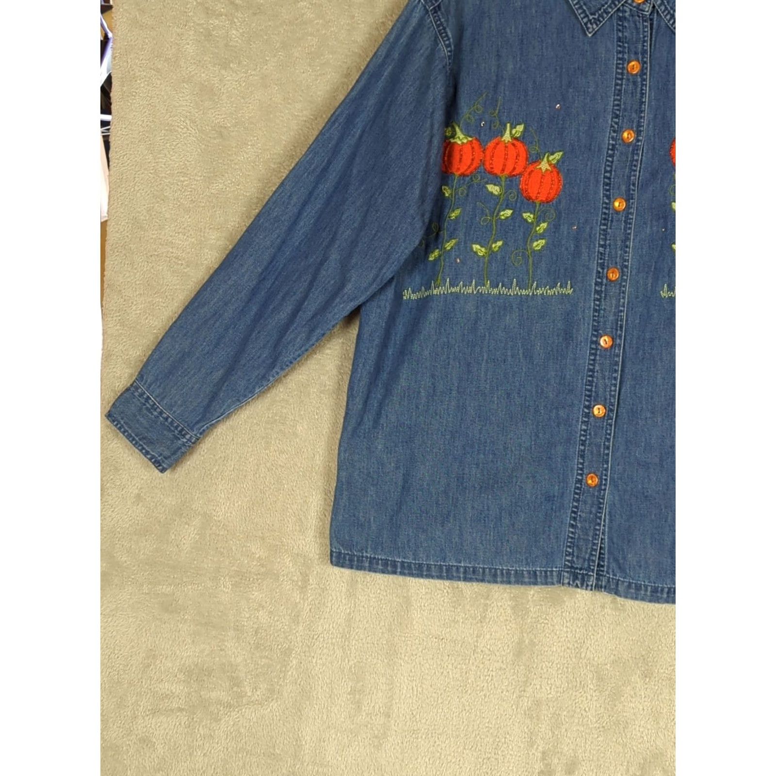Quacker Factory Quacker Factory Denim Button Up Shirt Pumpkins Beaded 1X Blue Fall Halloween Pumpkins Beaded Button-Up Shirt Women 1X Men? Size XL / US 12-14 / IT 48-50 - 2 Thumbnail