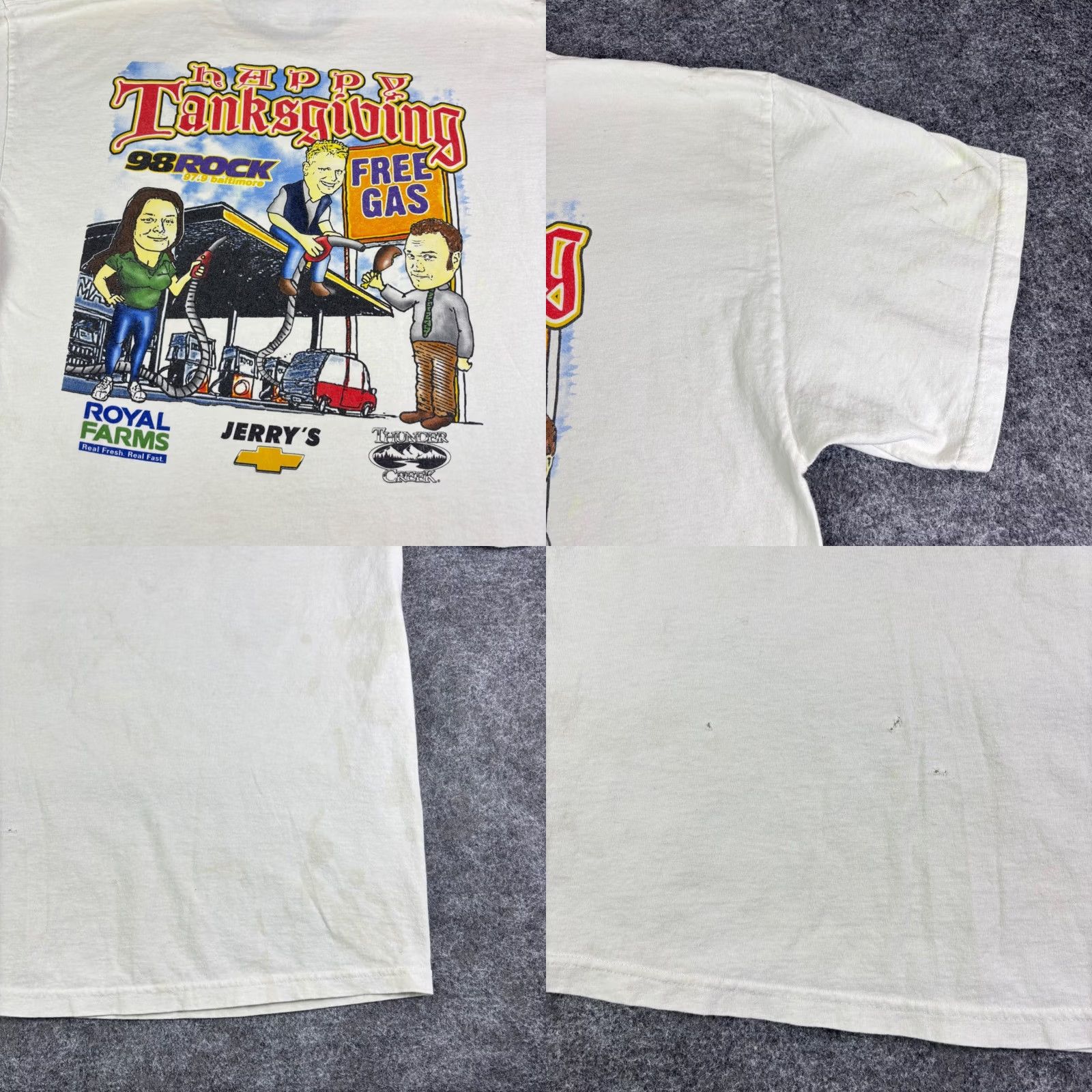 Vintage VINTAGE 98 Rock Baltimore Tanksgiving T-Shirt Mens XL White Radio Promo 97.9 FM Thunder Creek Graphic Tee Short Sleeve Men XL White 1990s Size US XL / EU 56 / 4 - 8 Thumbnail