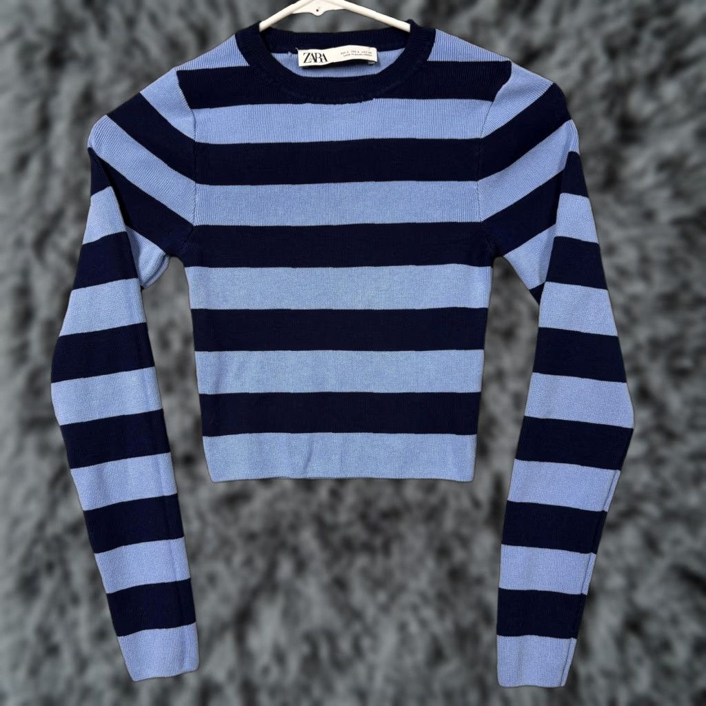 Zara Zara Sweater Womens S Blue Navy Striped Cropped Crewneck Preppy Y2K Indie Grunge Size S / US 4 / IT 40 - 1 Thumbnail