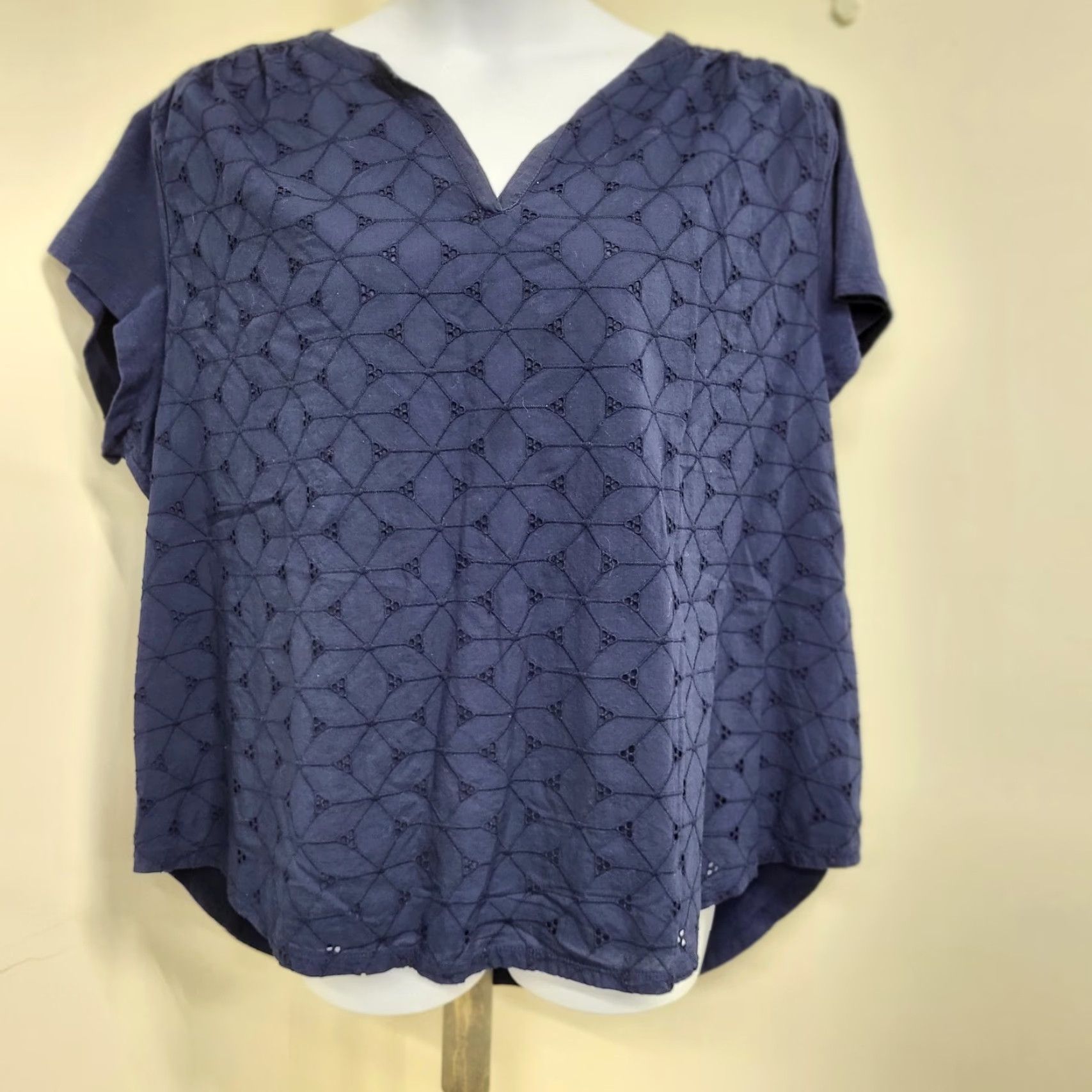 Vintage St. John's Bay Blouse Womens 3X Blue Floral Eyelet CutOut Lined 100% Cotton Shirt Reg/Regular Womens Size XXL / US 16-18 / IT 52-54 - 2 Thumbnail