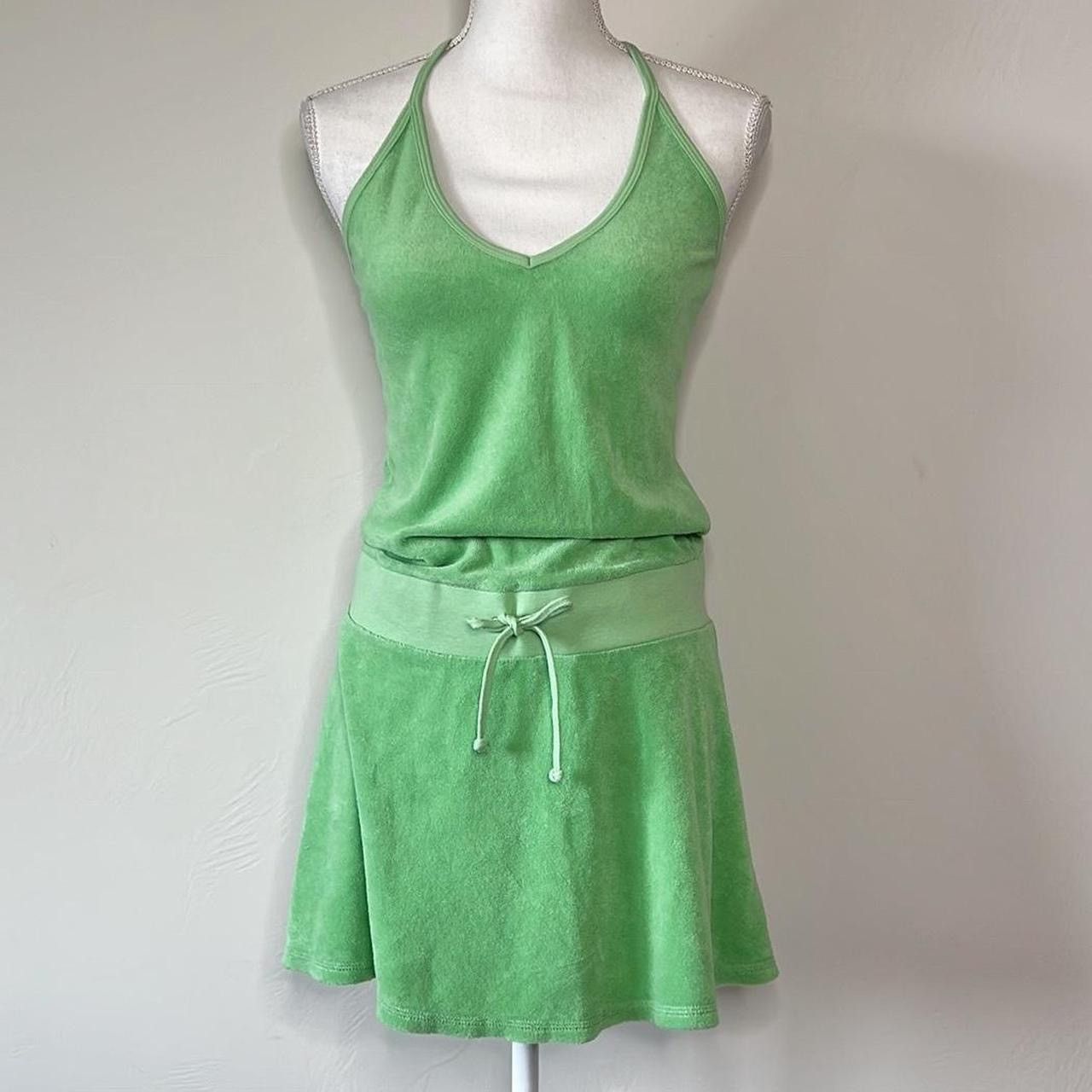 slim fit dress slacks 2000s Y2K JUICY COUTURE Green Cotton Terry Hooded Zip Beach Mini Dress