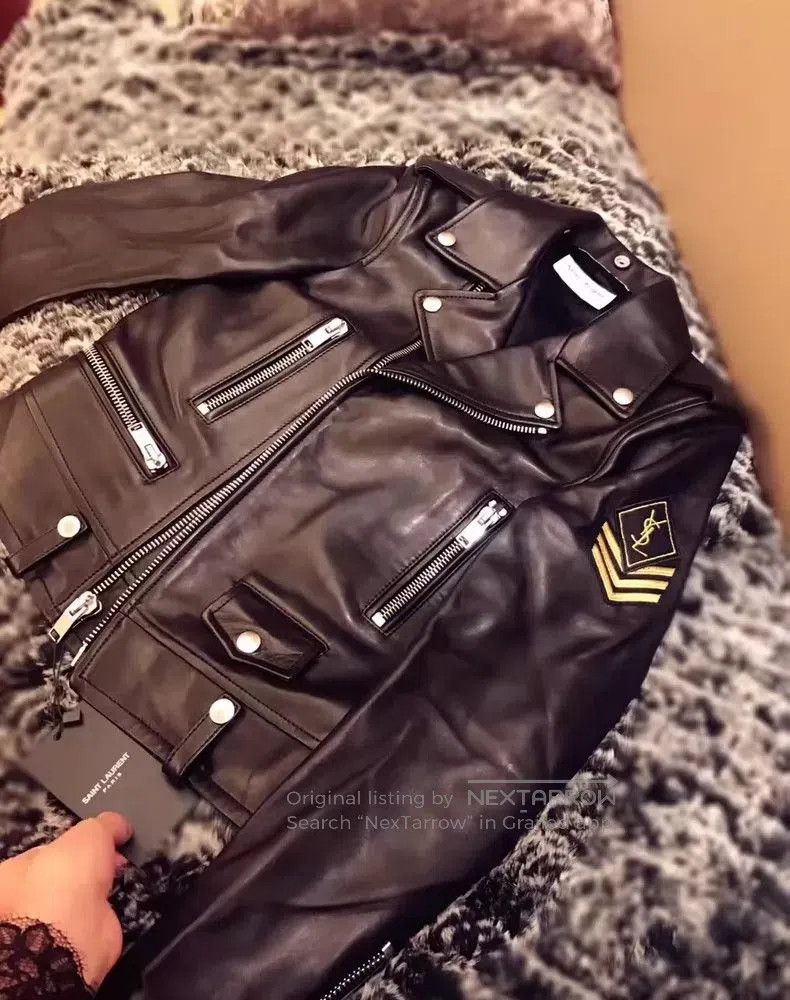 Yves Saint Laurent YSL Black Leather Jacket with Emblem. Size US S / EU 44-46 / 1 - 1 Thumbnail