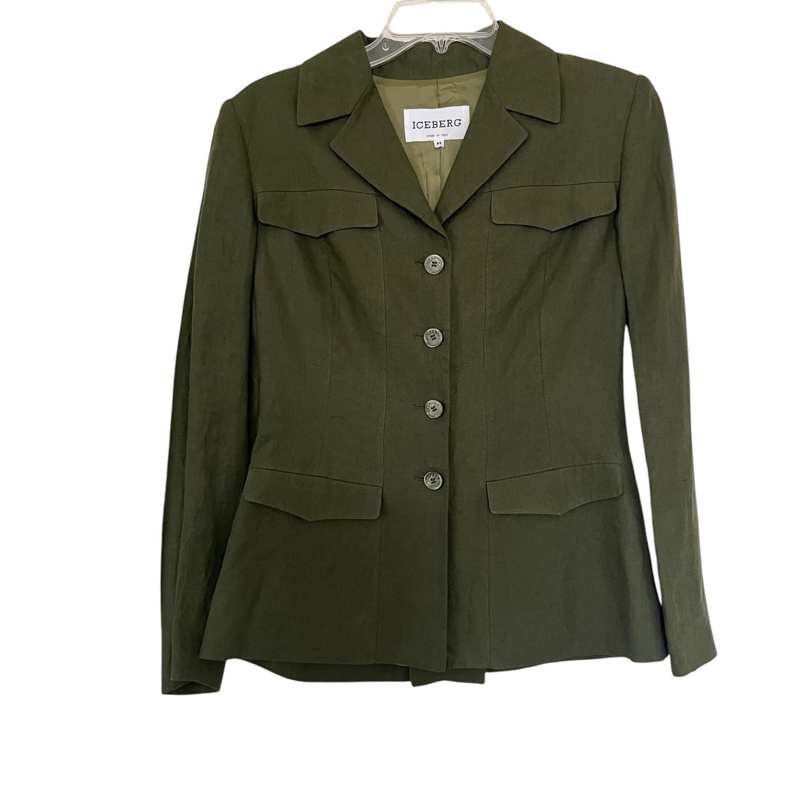 Iceberg Army Green 100% Linen Utilitarian Blazer Jacket
