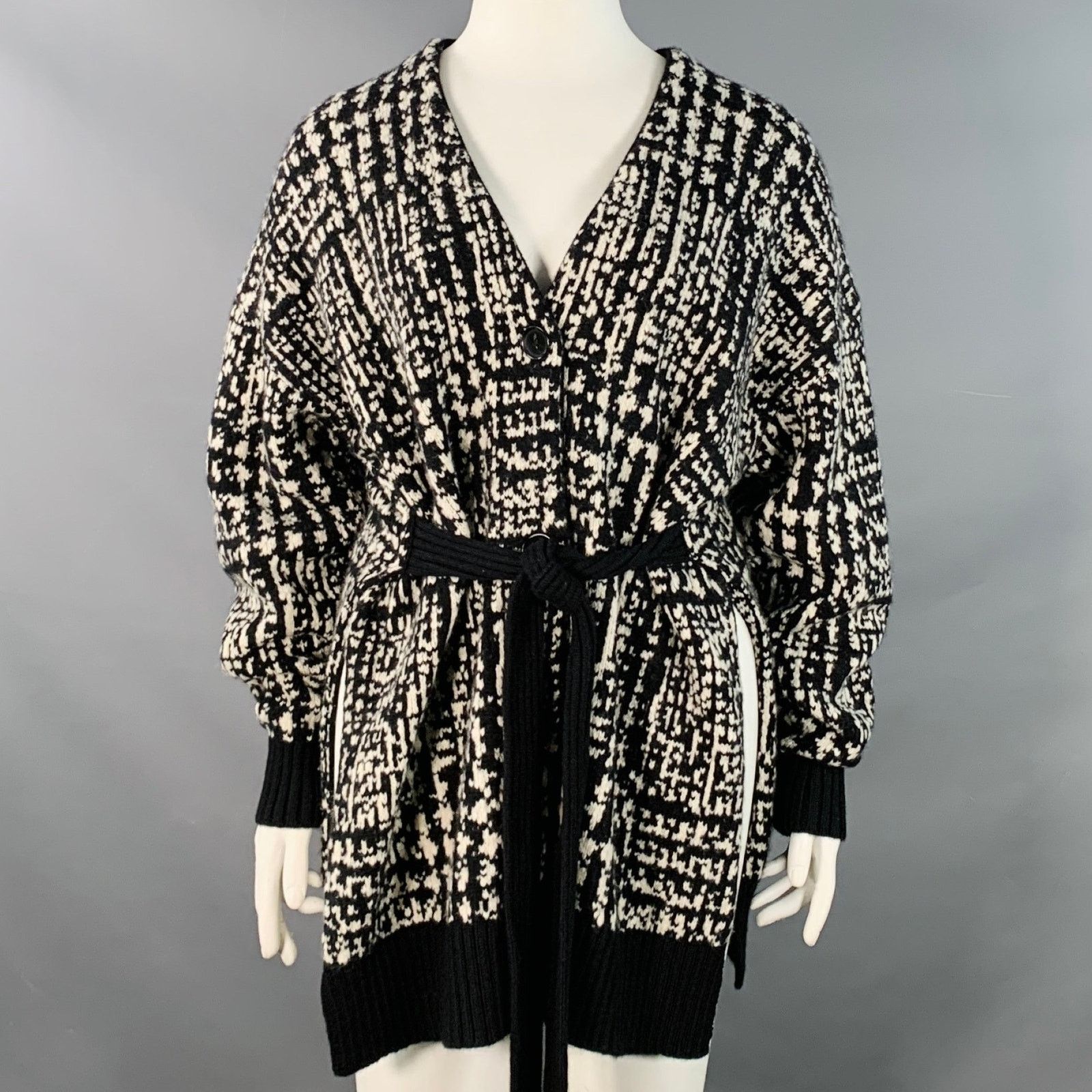 Size L Black White Wool Geometric Knit V-Neck Tie Coat