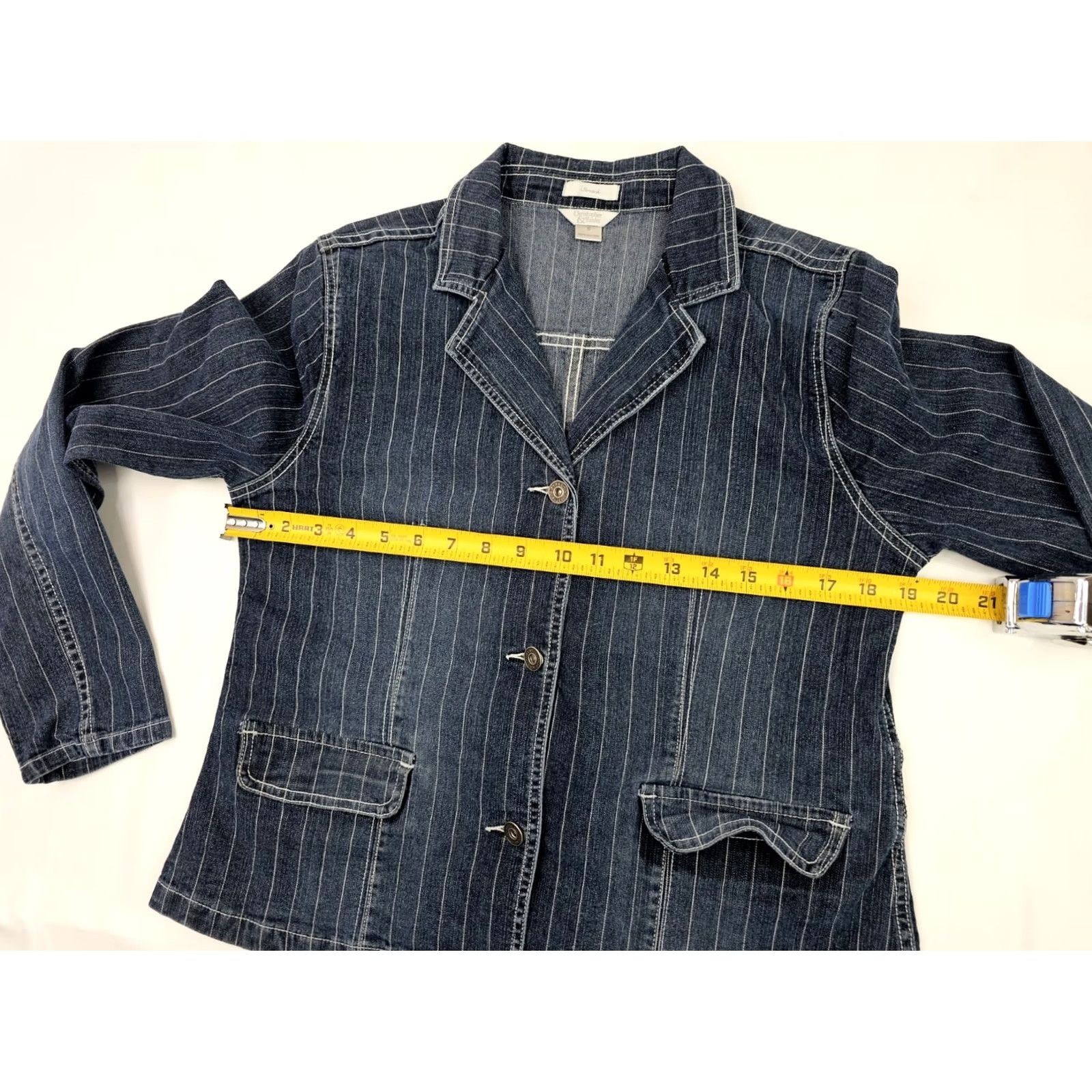 Vintage Christopher & Banks Washed Blue w White Pinstripe Denim Button Jacket Women S Jacket Size S / US 4 / IT 40 - 7 Thumbnail