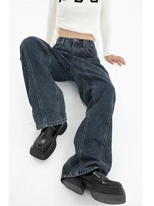 image of High Waist Vintage Straight Baggy Denim Pants in Deep Blue, Women's (Size 24)