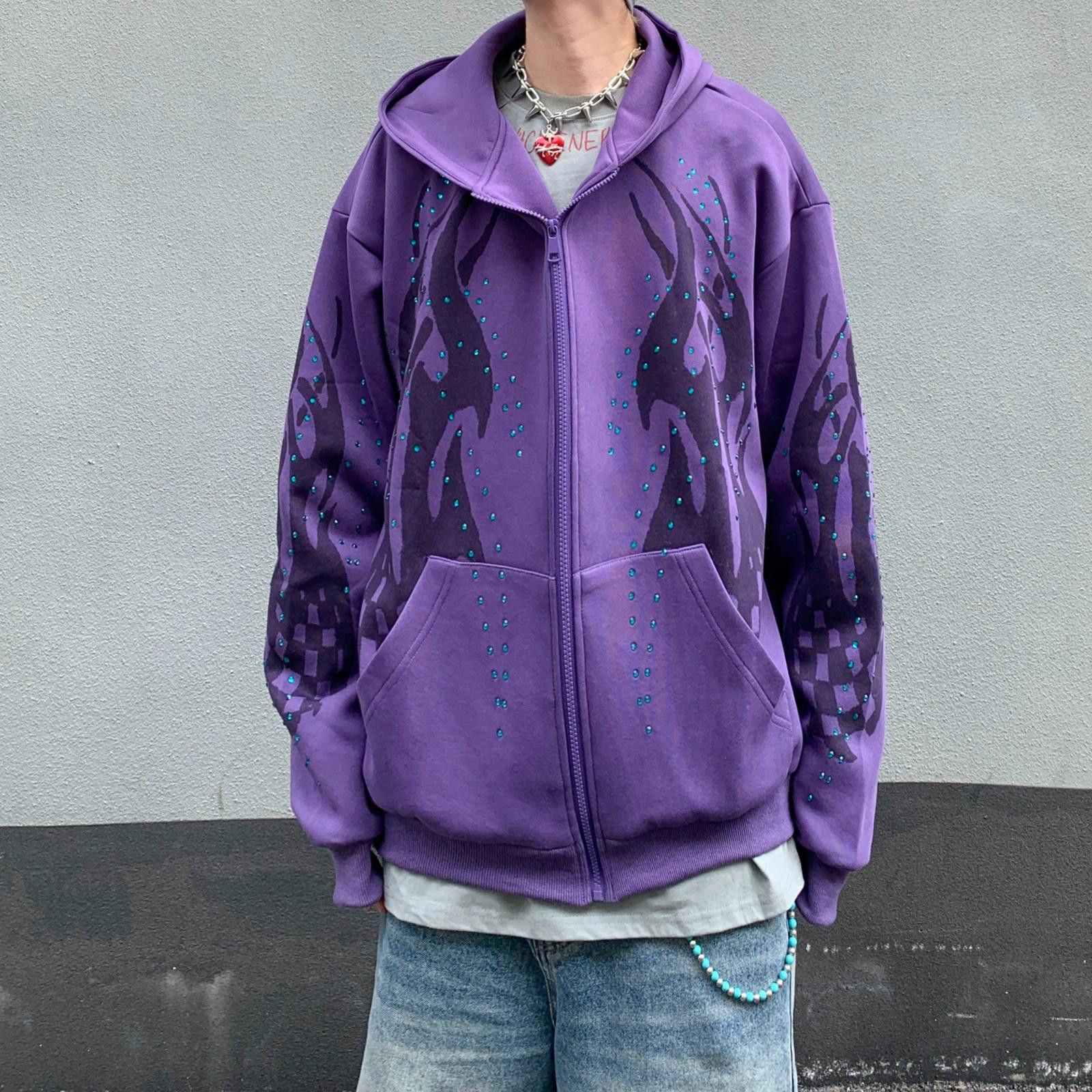 Japanese Brand Tribal Flame Rhinestone Zip Hoodie Size M / US 6-8 / IT 42-44 - 3 Thumbnail