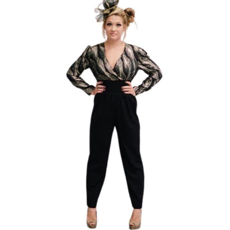 Vintage Black and Gold 70s Jumpsuit Wore by Tori Spelling Size Small Size 26" / US 2 / IT 38 - 1 Thumbnail