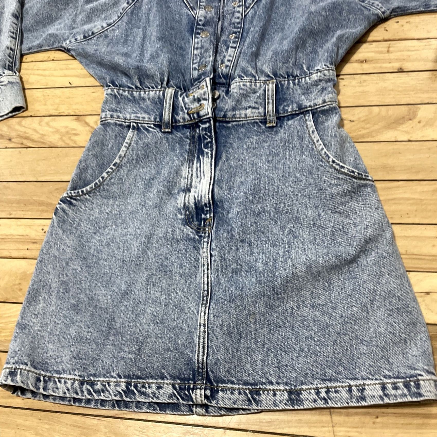 Mango VINTAGE Mango MNG Denim Romper Women 2 Blue Jean One Piece Jumpsuit Puff Sleeves Shirt Women Squares Size 26" / US 2 / IT 38 - 6 Thumbnail