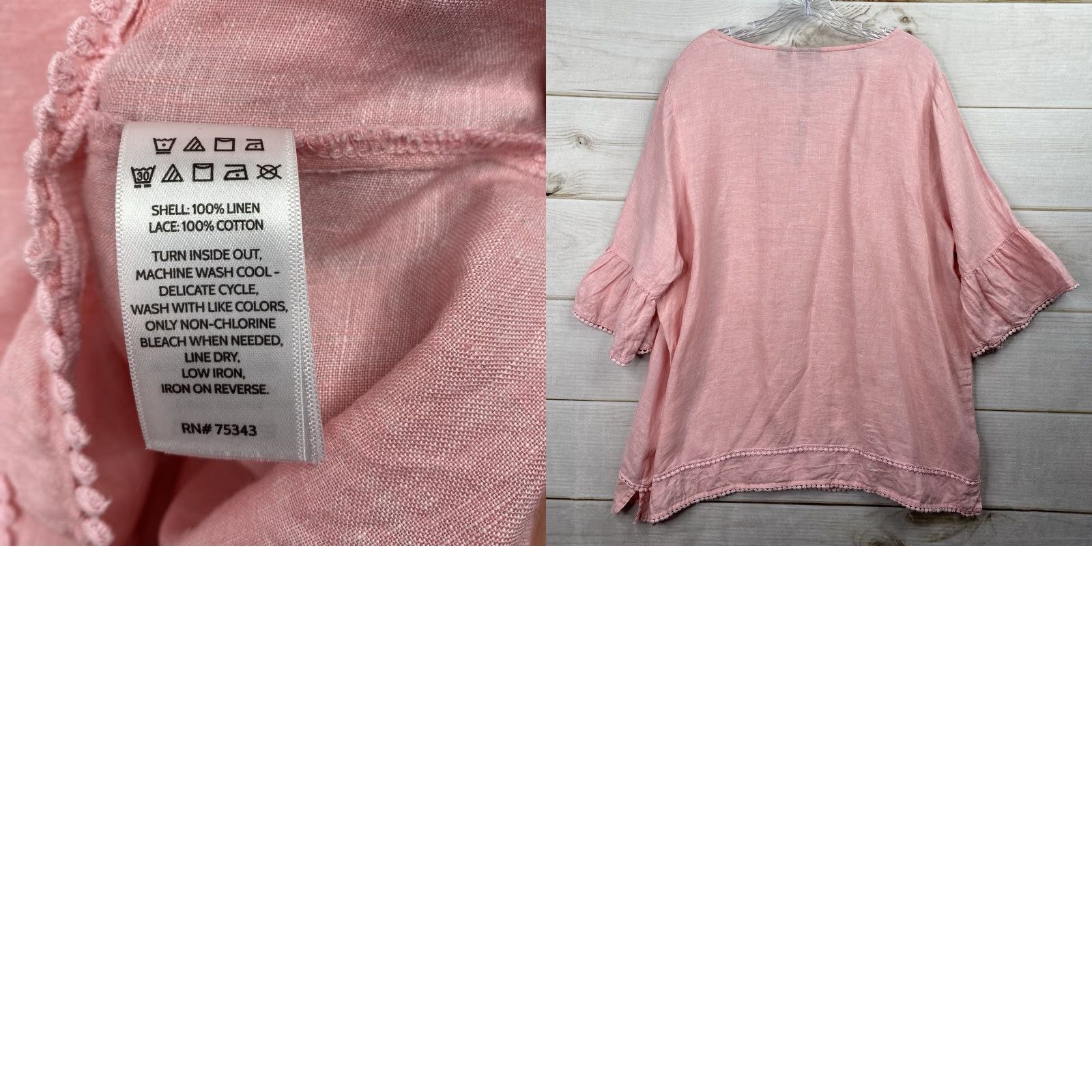 Vintage Tahari Blouse Pink 100% Linen Bell Sleeve 1X Tunic Womens Beach Bohemian Shirt Crew Neck Linen Size XL / US 12-14 / IT 48-50 - 8 Thumbnail