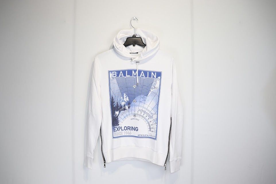 image of Balmain O1Rshd1 Exploring Print Hoodie In White, Men's (Size Medium)