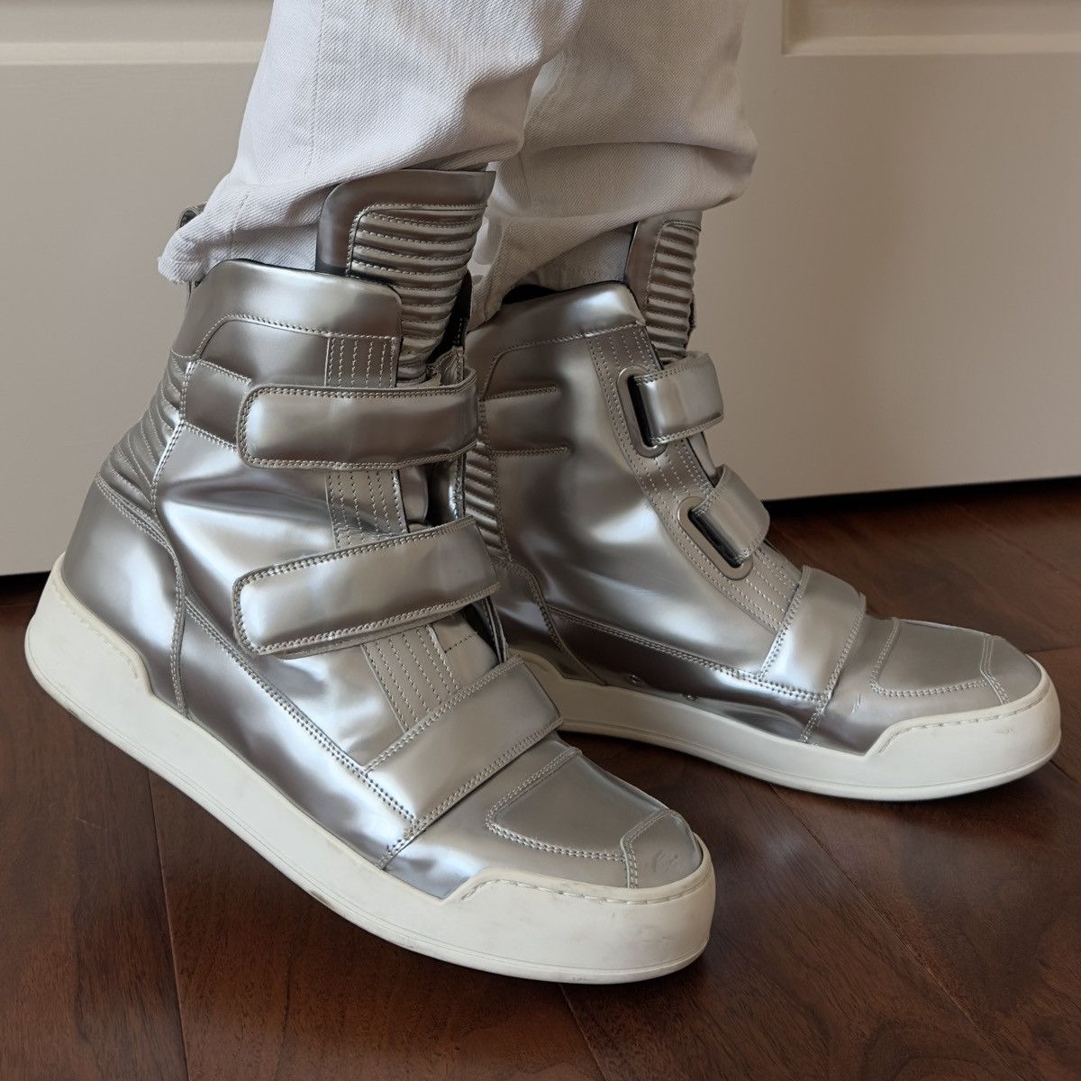 Balmain Balmain High-Top Metallic Silver Leather Strap Sneakers Size US 10 / EU 43 - 3 Thumbnail