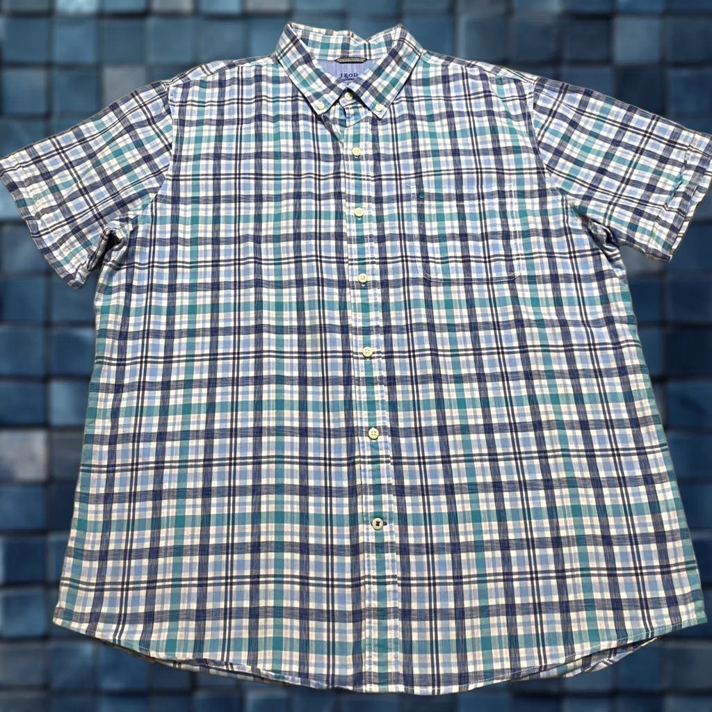 Izod IZOD Saltwater Mens XL Shirt Blue Plaid Button-Down Short Sleeve 100% Cotton Size US XL / EU 56 / 4 - 1 Thumbnail