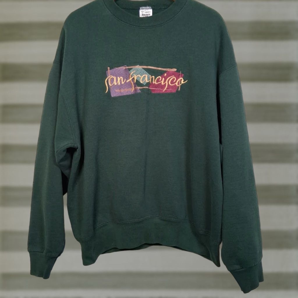 Fruit Of The Loom VINTAGE Fruit of the Loom Sweatshirt XL Green Embroidered Crewneck San Francisco California USA Men Size US XL / EU 56 / 4 - 1 Thumbnail