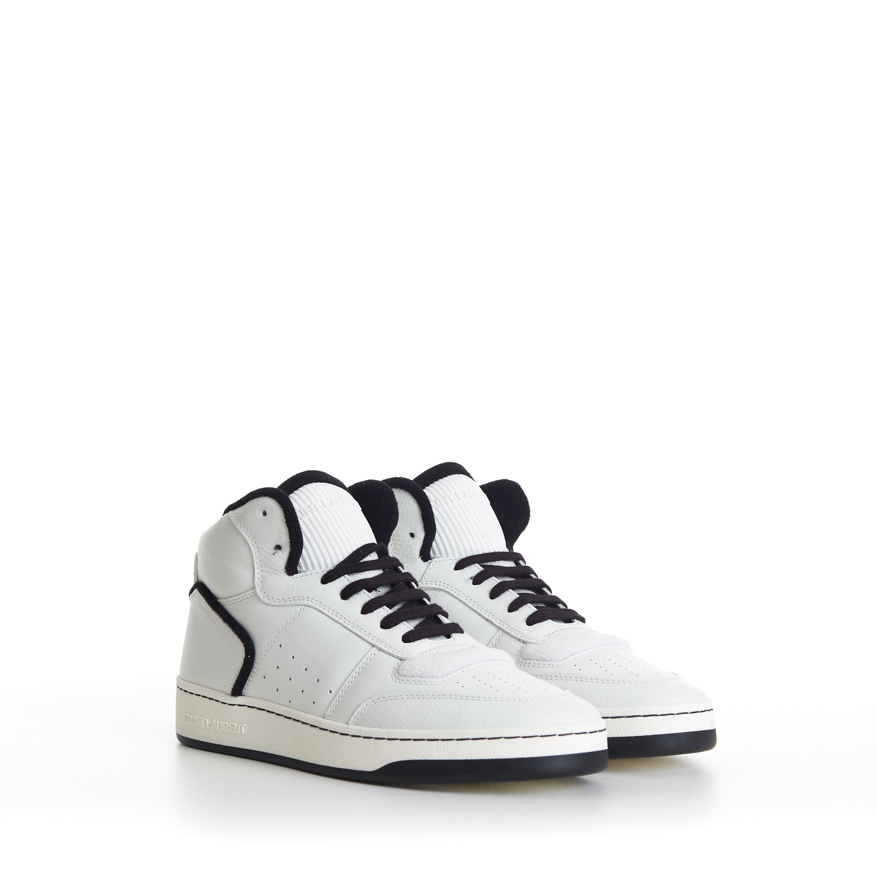 image of Saint Laurent Paris Sl/80 White Mid-Top Sneakers - Smooth & Grained Leather in White/Black (Size 9)
