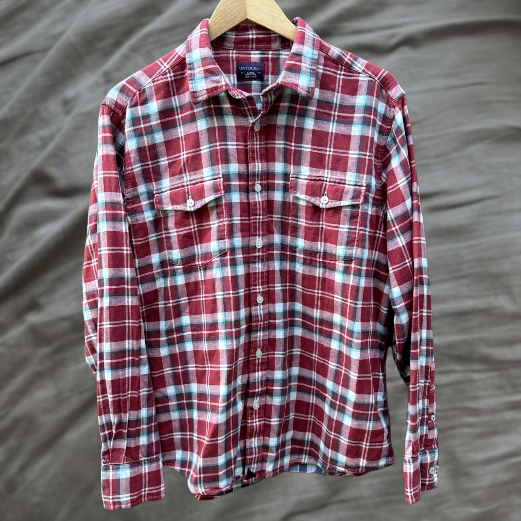 UNTUCKit UNTUCKit Shirt Mens Large Red Grey Plaid Button Up Long Sleeve Flannel Cotton Shirt Size US L / EU 52-54 / 3 - 1 Thumbnail