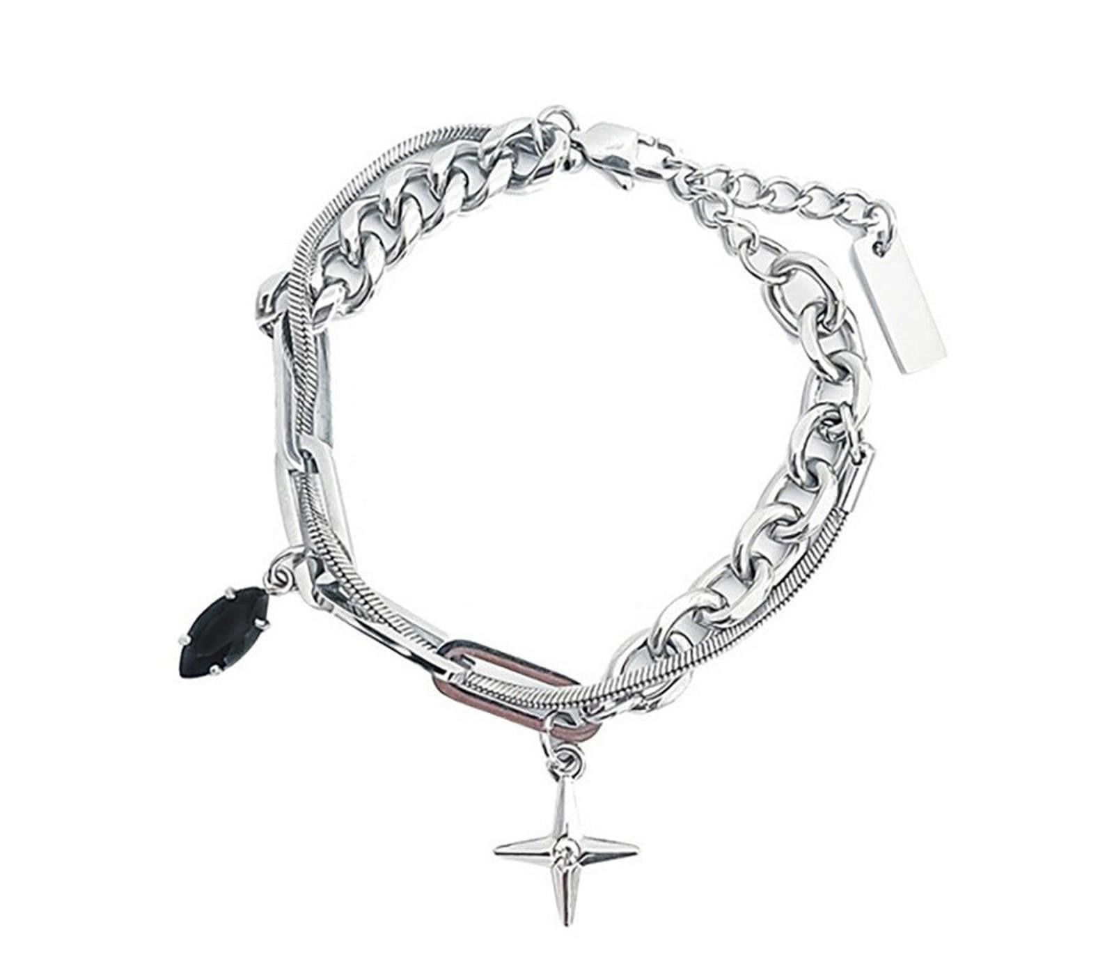 Jewelry Silver Chain Bracelet with Cross and Black Gem Charms Size ONE SIZE - 5 Thumbnail