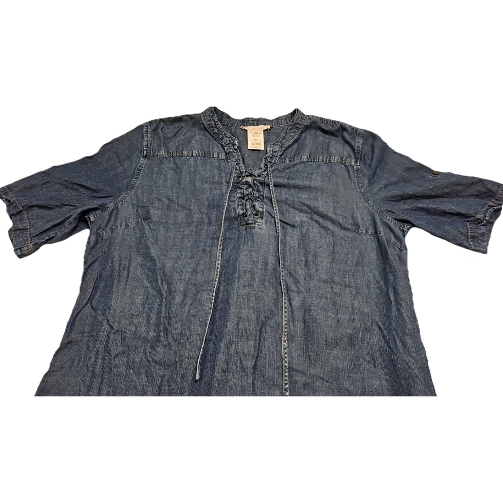 Vintage Philosophy Chambray Dress Womens XXL Blue 100% Tencel Lyocell Roll Tab Sleeve Short Sleeve V-Neck Casual Shift Dress Size XXL / US 16-18 / IT 52-54 - 3 Thumbnail