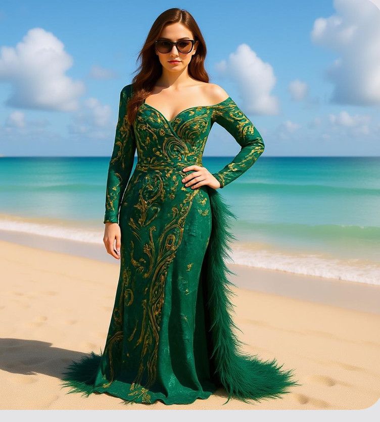 Multi colored green sequined gown with feather trim