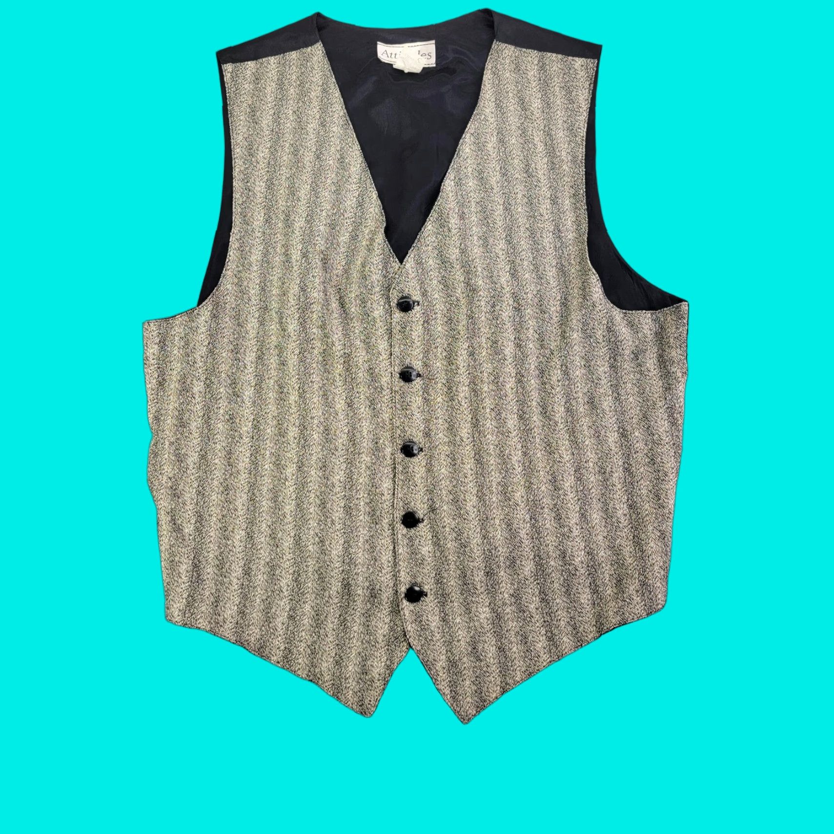 Vintage VINTAGE Attitudes Suit Vest Mens Large Gray Herringbone 3 Piece Rayon Acetate Belted USA Size 42R - 1 Thumbnail