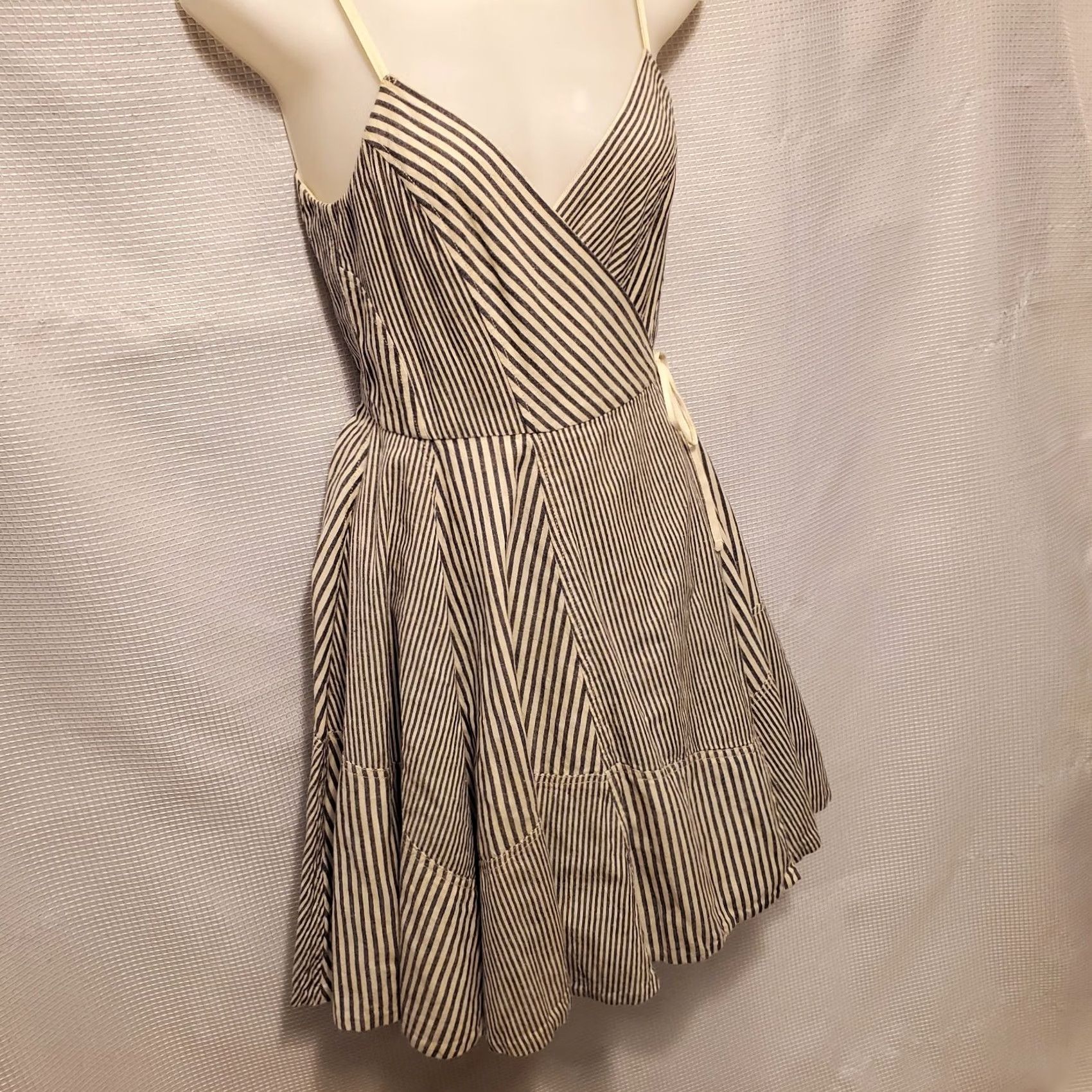 Allsaints All Saints Celestina Linen Wrap Dress Sz 8 Blue And Cream Ticking Strip *READ Size M / US 6-8 / IT 42-44 - 6 Thumbnail
