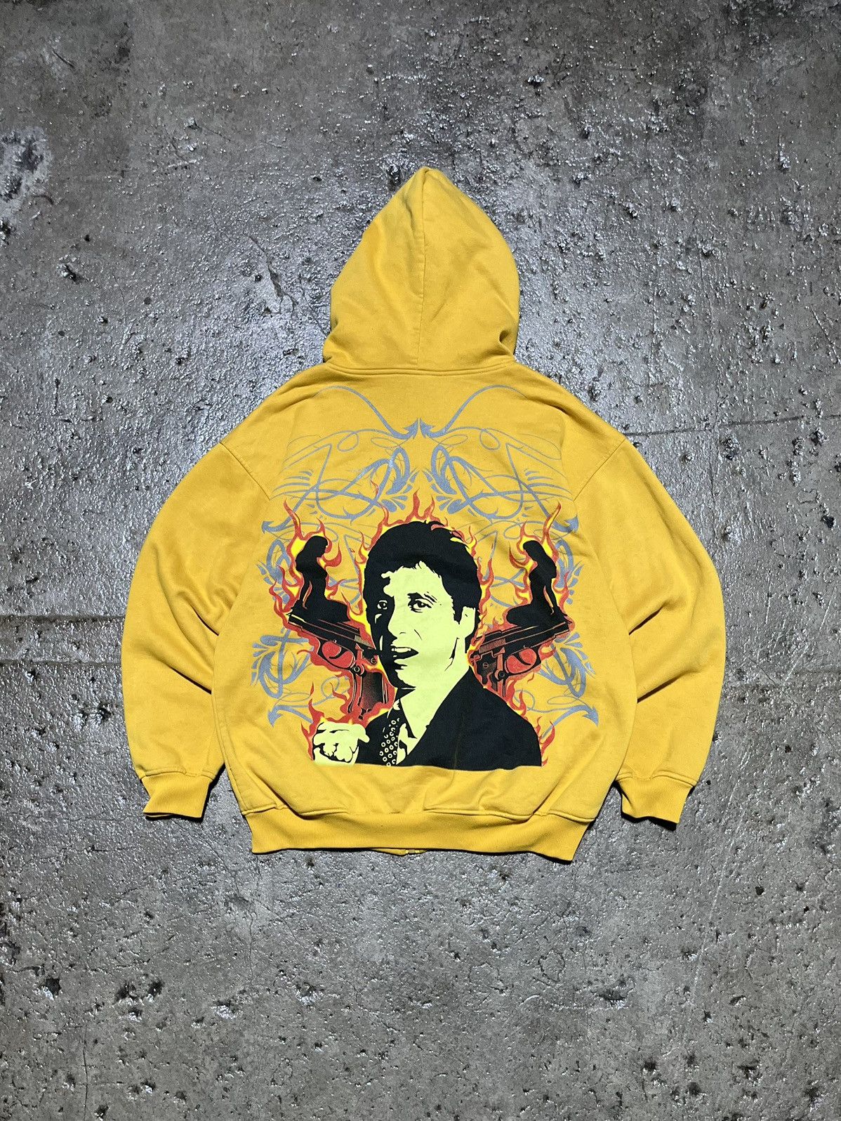 image of Crazy Vintage Y2K Scarface Zip-Up Hoodie Affliction Grunge in Yellow, Men's (Size 2XL)