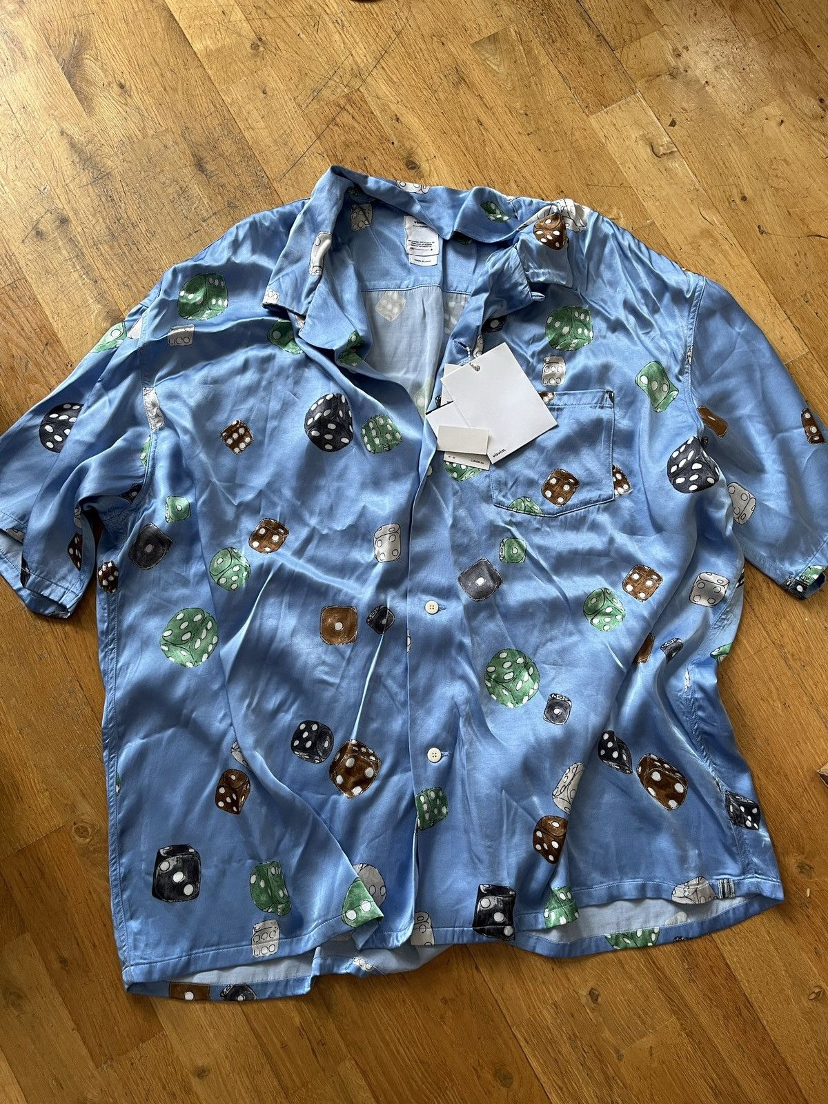 image of Visvim Dice Wallis Camp-Collar Printed Satin Shirt Size 5 New in Blue, Men's