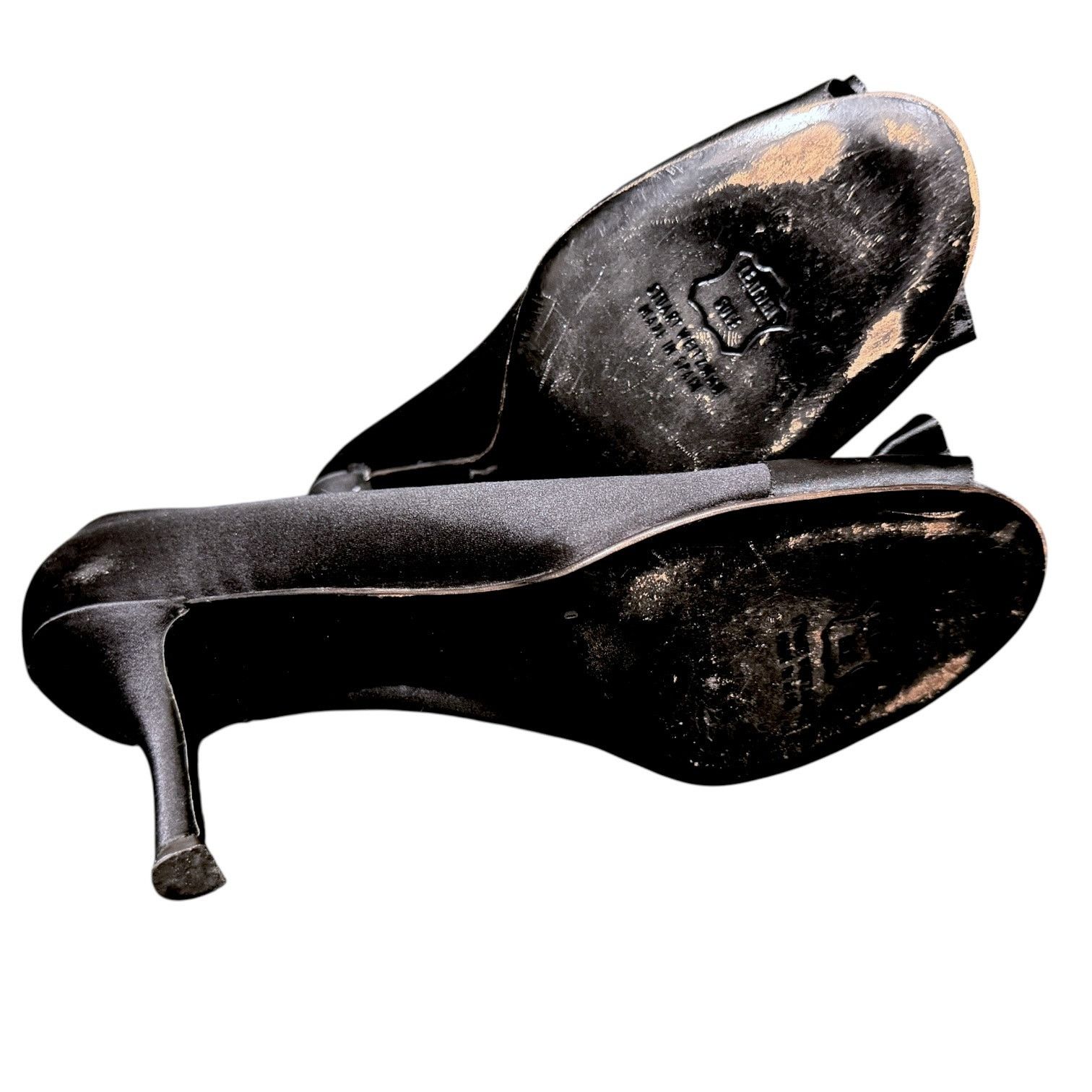 Stuart Weitzman Stuart Weitzman Black Satin Ruffle Bow Open High Heel 10.5 Size US 10.5 / IT 40.5 - 7 Thumbnail