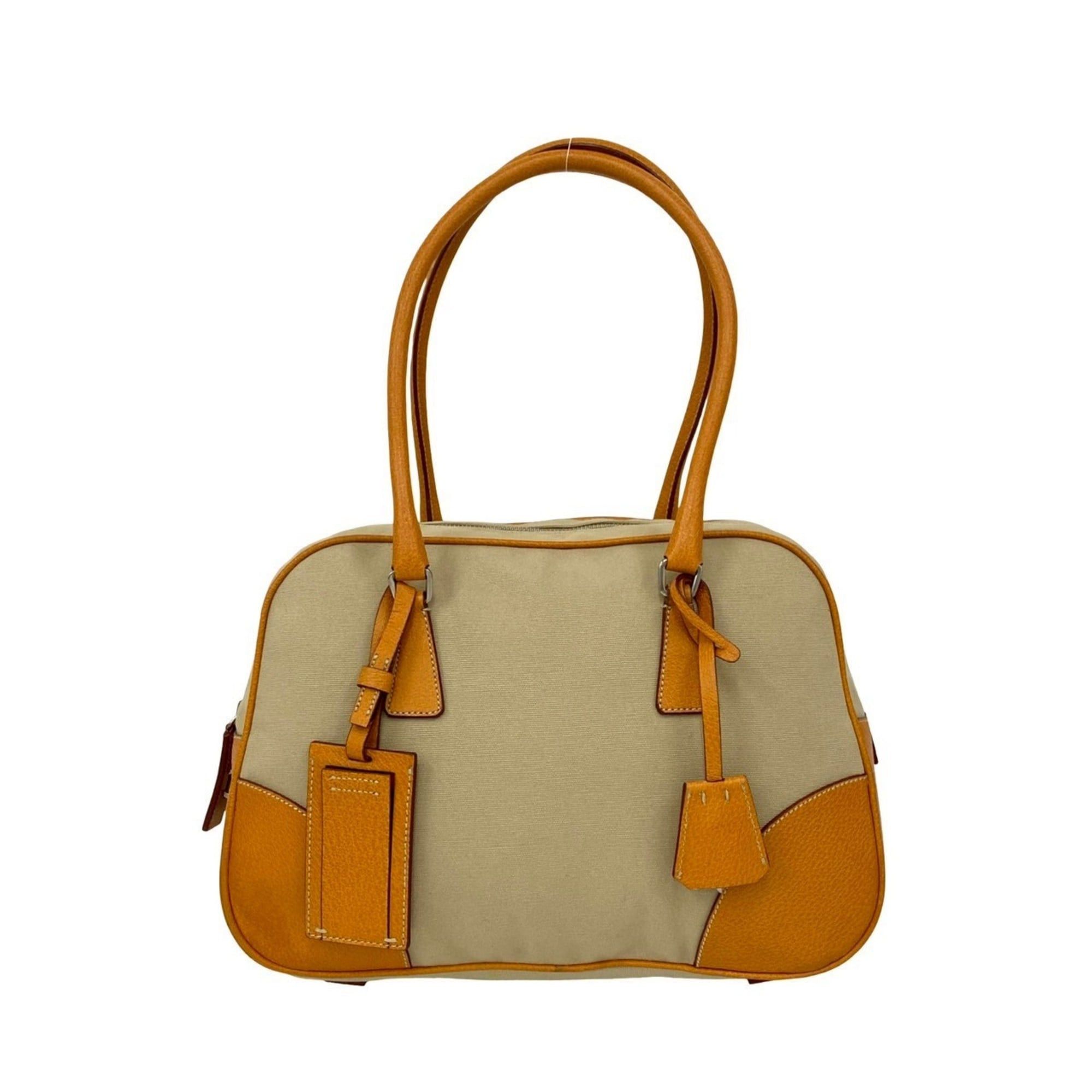 Prada PRADA Triangle Logo Canvas and Leather Tote Bag, Semi-Shoulder Mini Boston Beige 2148a Size ONE SIZE - 1 Thumbnail