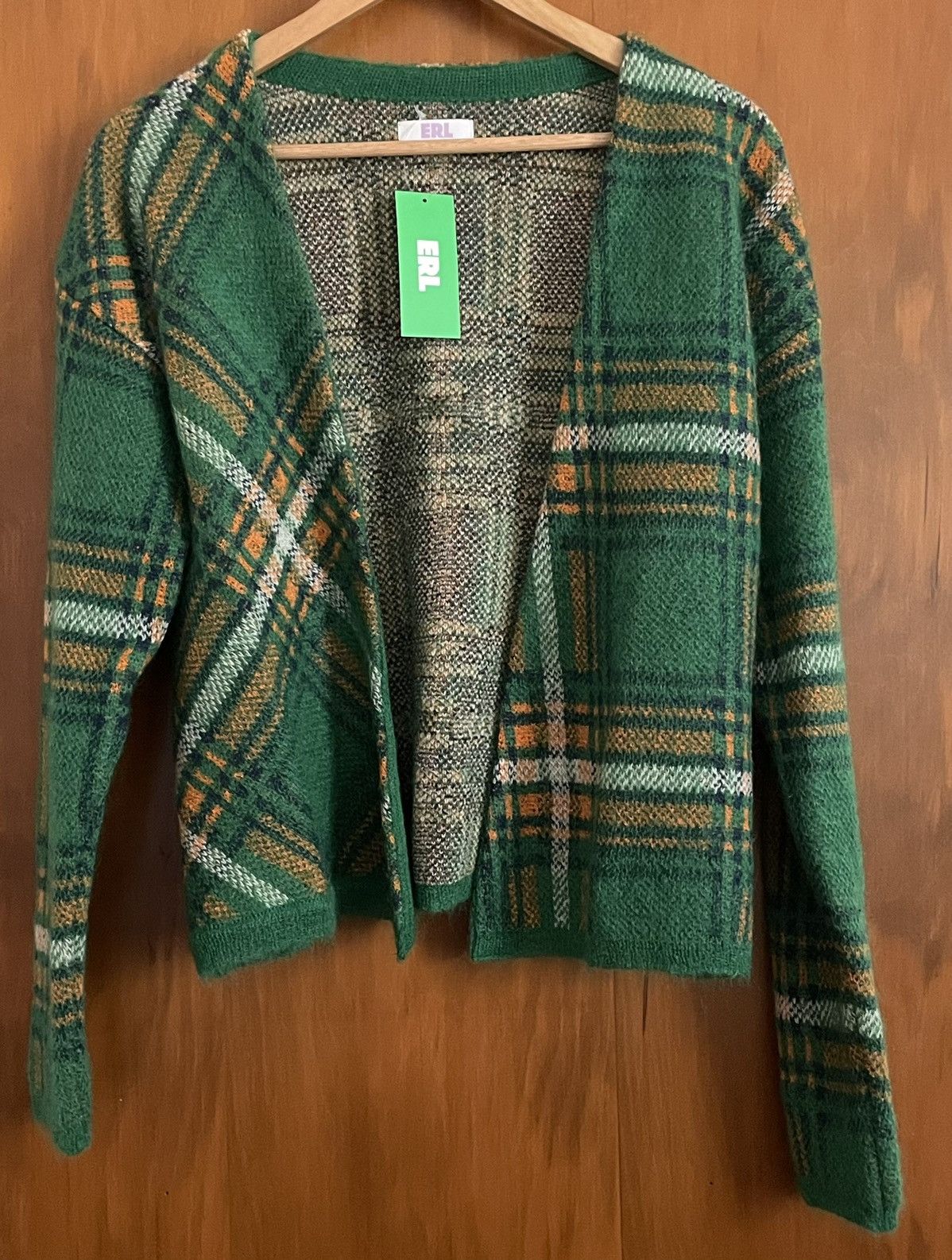 ERL ERL Jacquard Plaid Knit Open Cardigan Green - Size Medium 