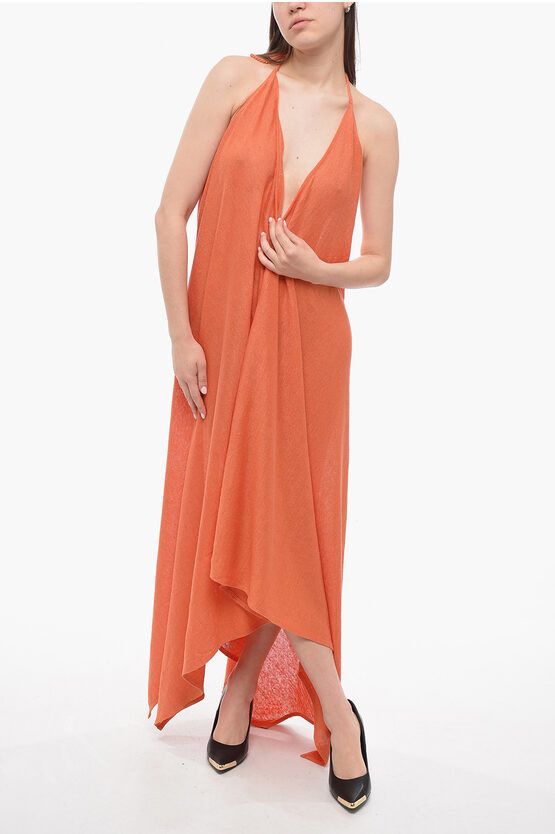 image of Alanui Linen Cape Dress With Tie Detail in Orange, Women's