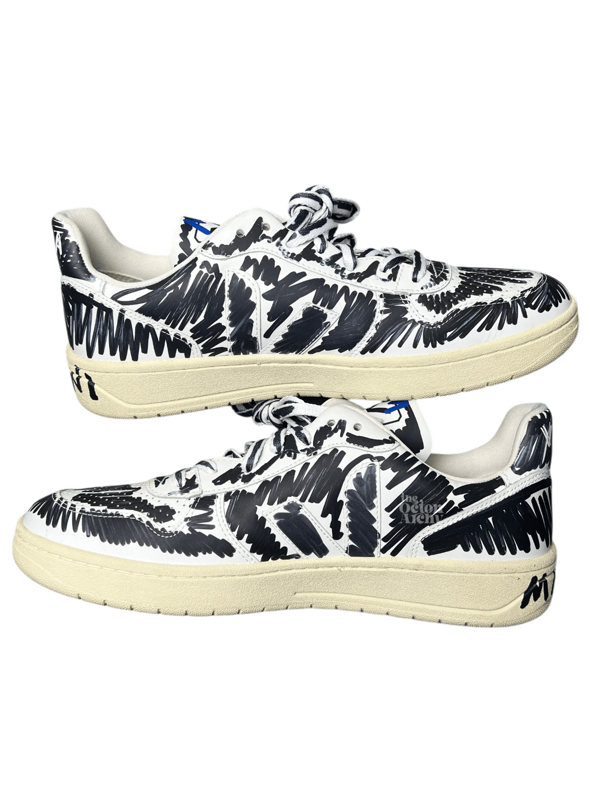 Marni × Veja Size 45 Veja x Marni V-10 Leather Black-Scribble VX0203067A Size US 11 / EU 44 - 4 Thumbnail