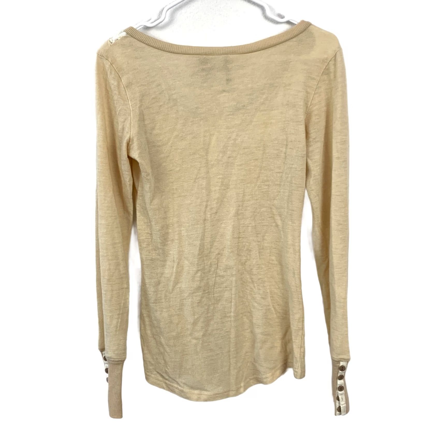 BKE BKE Henley Thermal Top Long Sleeve Women’s S Beige Cream Lace Trim Ribbed Knit Shirt Size S / US 4 / IT 40 - 5 Thumbnail