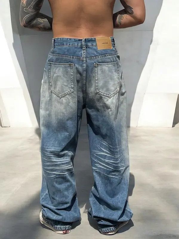 VIBE Blue Washed Wide Leg Denim Jeans, Oversized Jeans Size US 32 / EU 48 - 4 Thumbnail