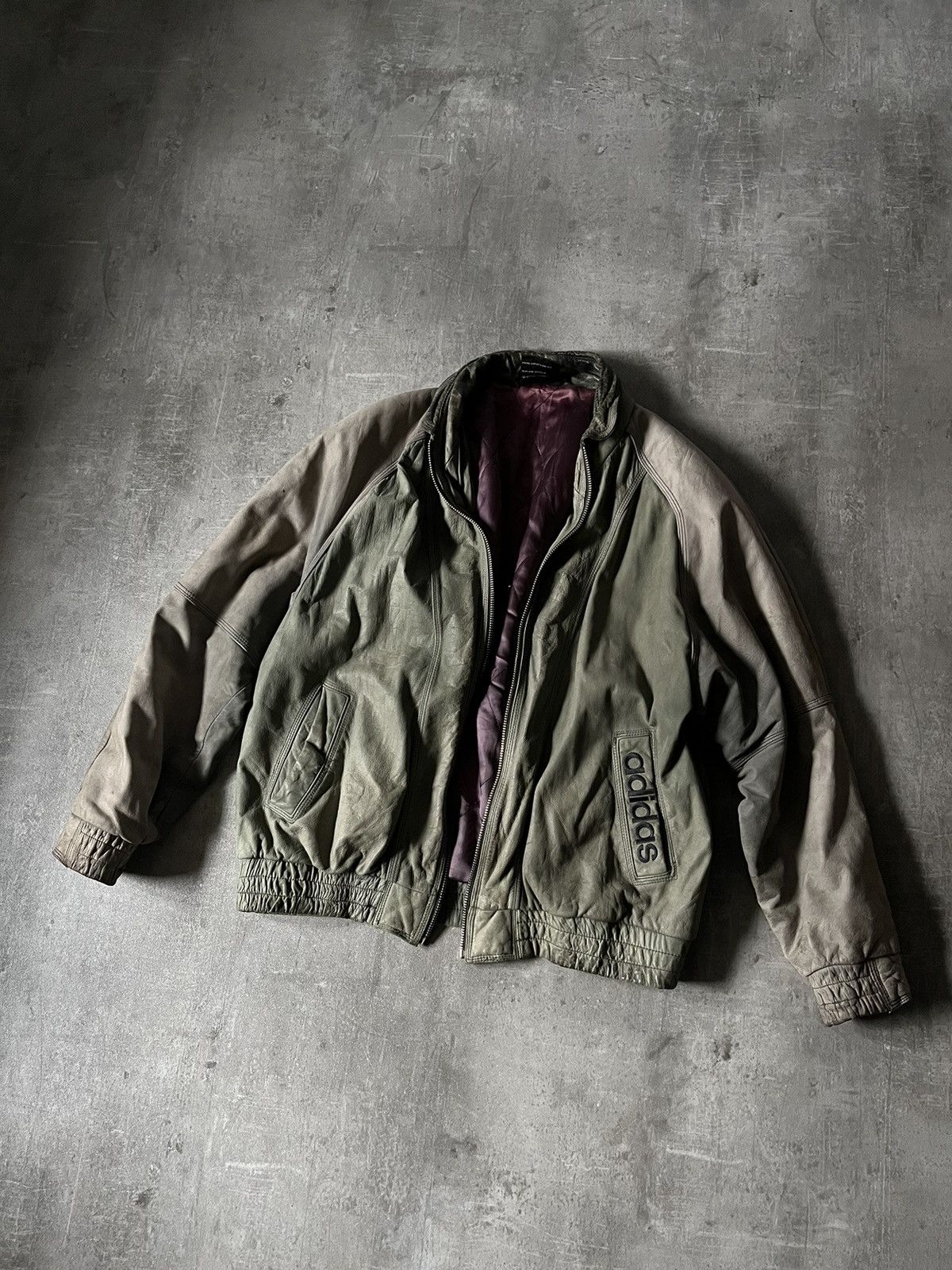 image of Vinatge Adidas Leather Jacket 90's in Army Khaki, Men's (Size XL)