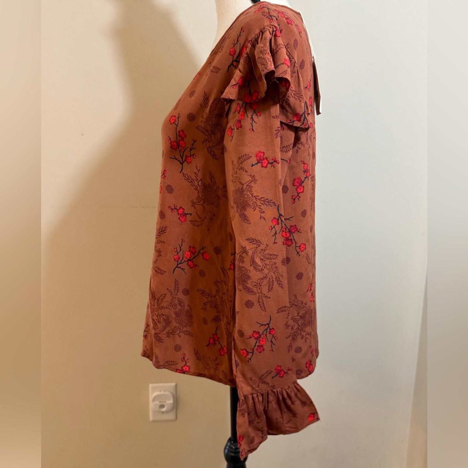 Other Hem & Thread brown red floral ruffled shoulder top SZ SM Size S / US 4 / IT 40 - 3 Thumbnail