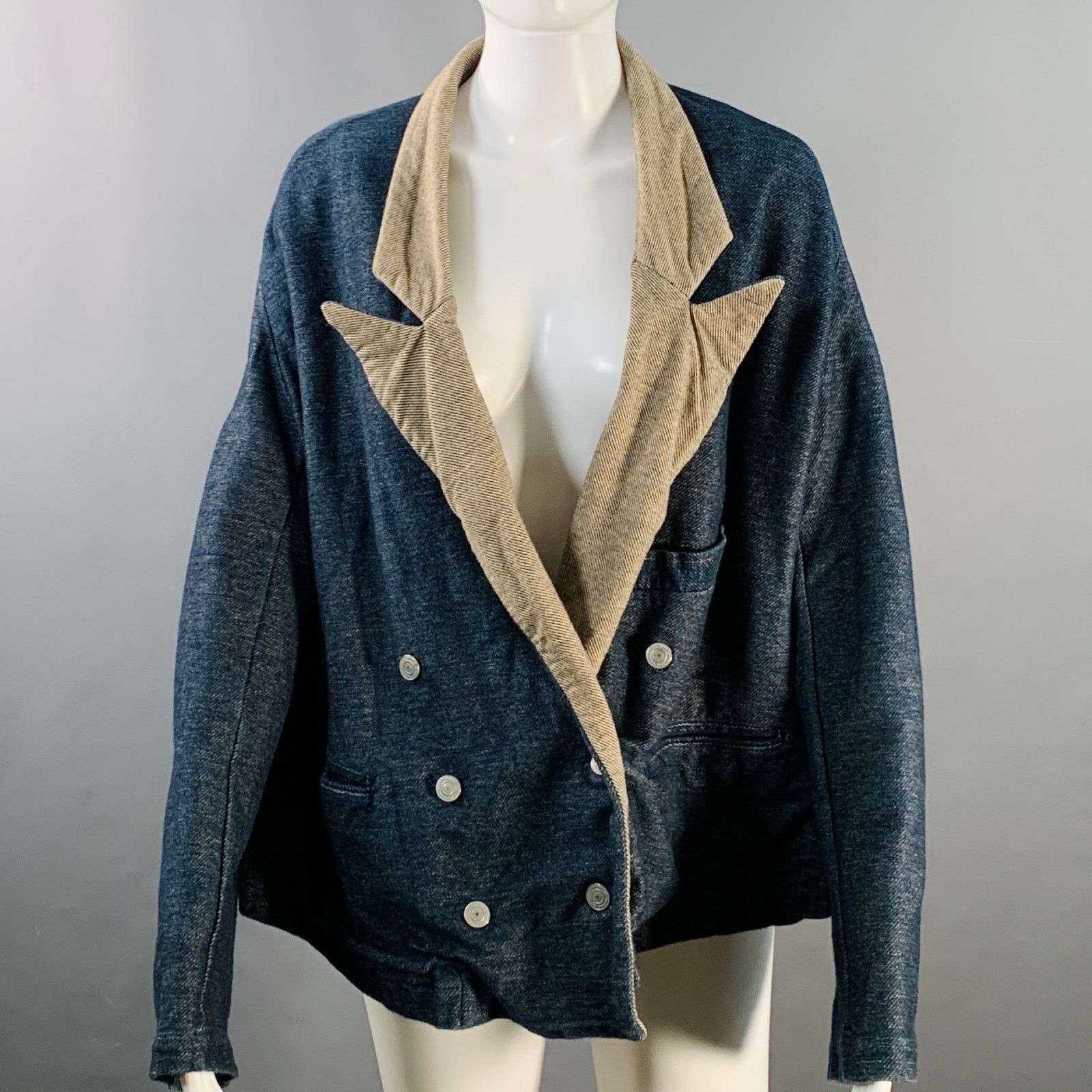 Size XS Indigo Tan Cotton Double Breasted Peak Lapel Jacket