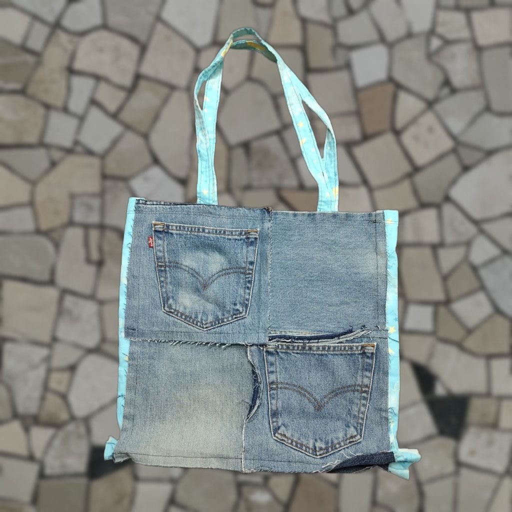 Market Blue Jean Denim Purse Upcycled Handmade Moon Small Market Tote Purse Craft Bag Size 28" / US 6 / IT 42 - 1 Thumbnail