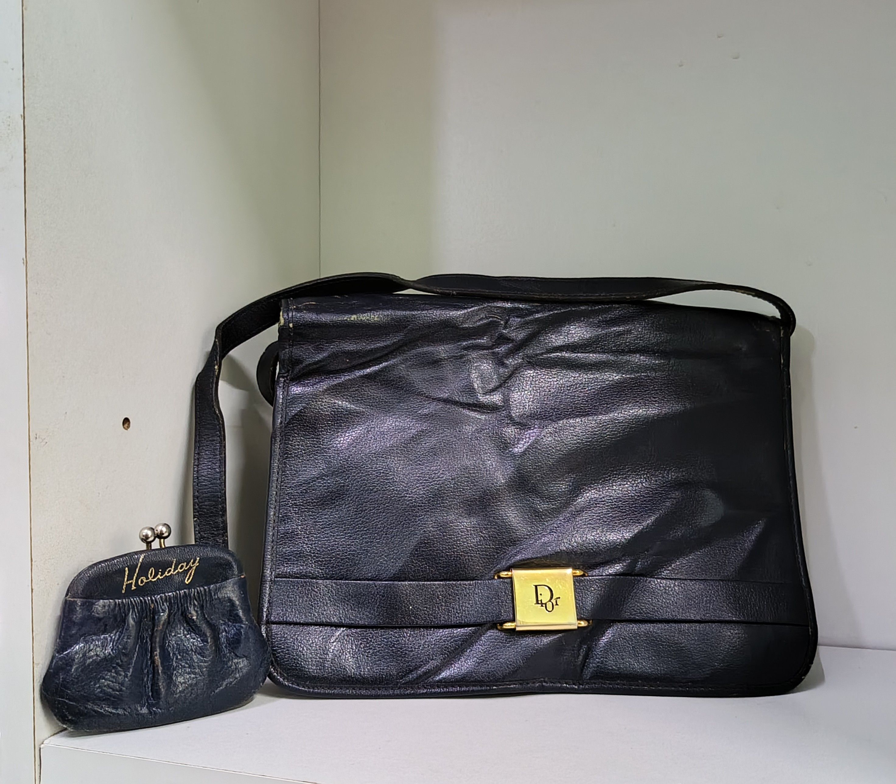Christian Dior Navy Leather Shoulder Bag + Coin Purse, Women's