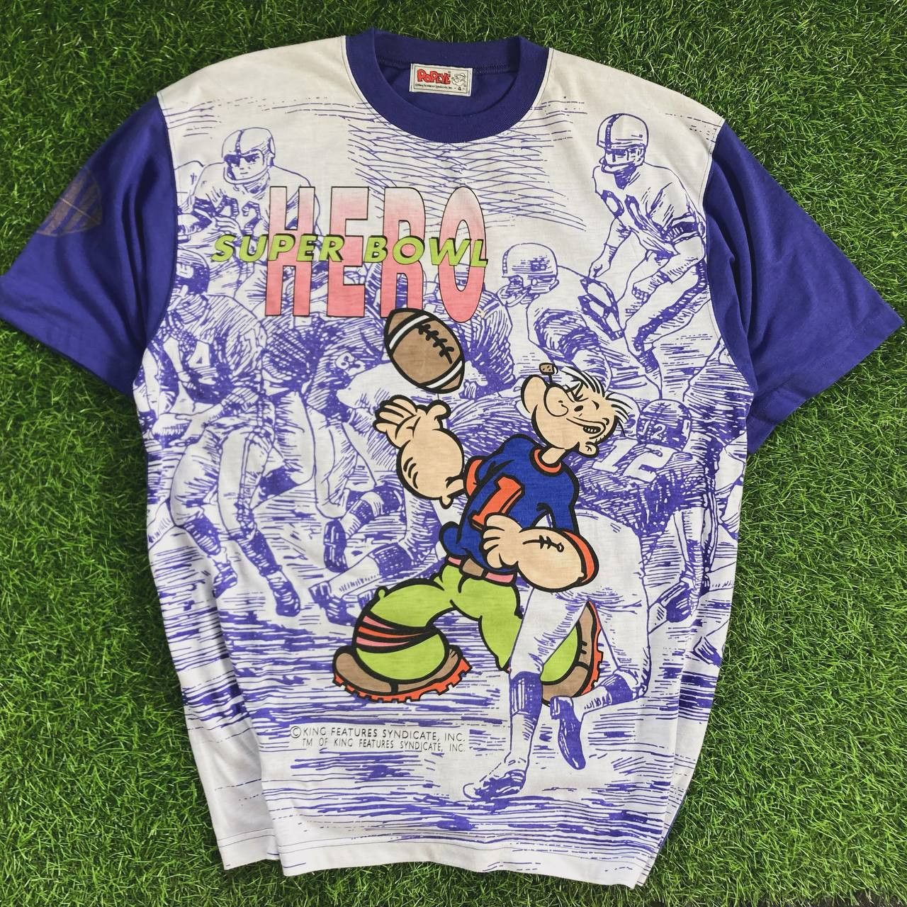 Image of Vintage 90’S Popeye “Super Bowl Hero” Mega Print Tee in Indigo White, Men's (Size Large)