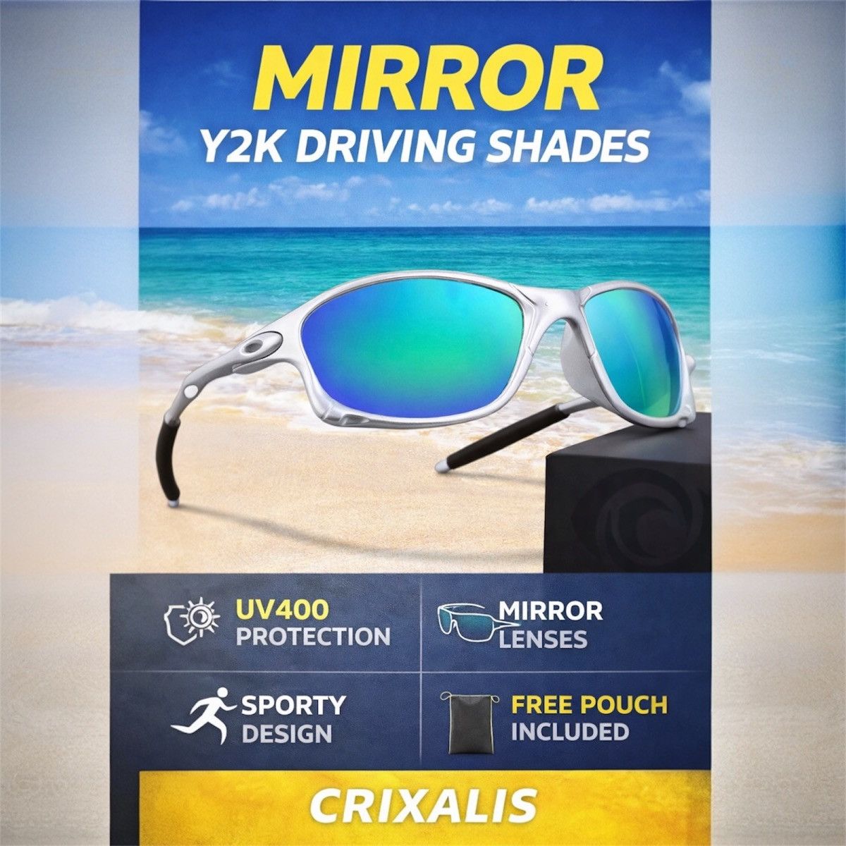 Other CRIXALIS Y2K Green Mirror Rectangle Sunglasses Men UV400 Size ONE SIZE - 5 Thumbnail