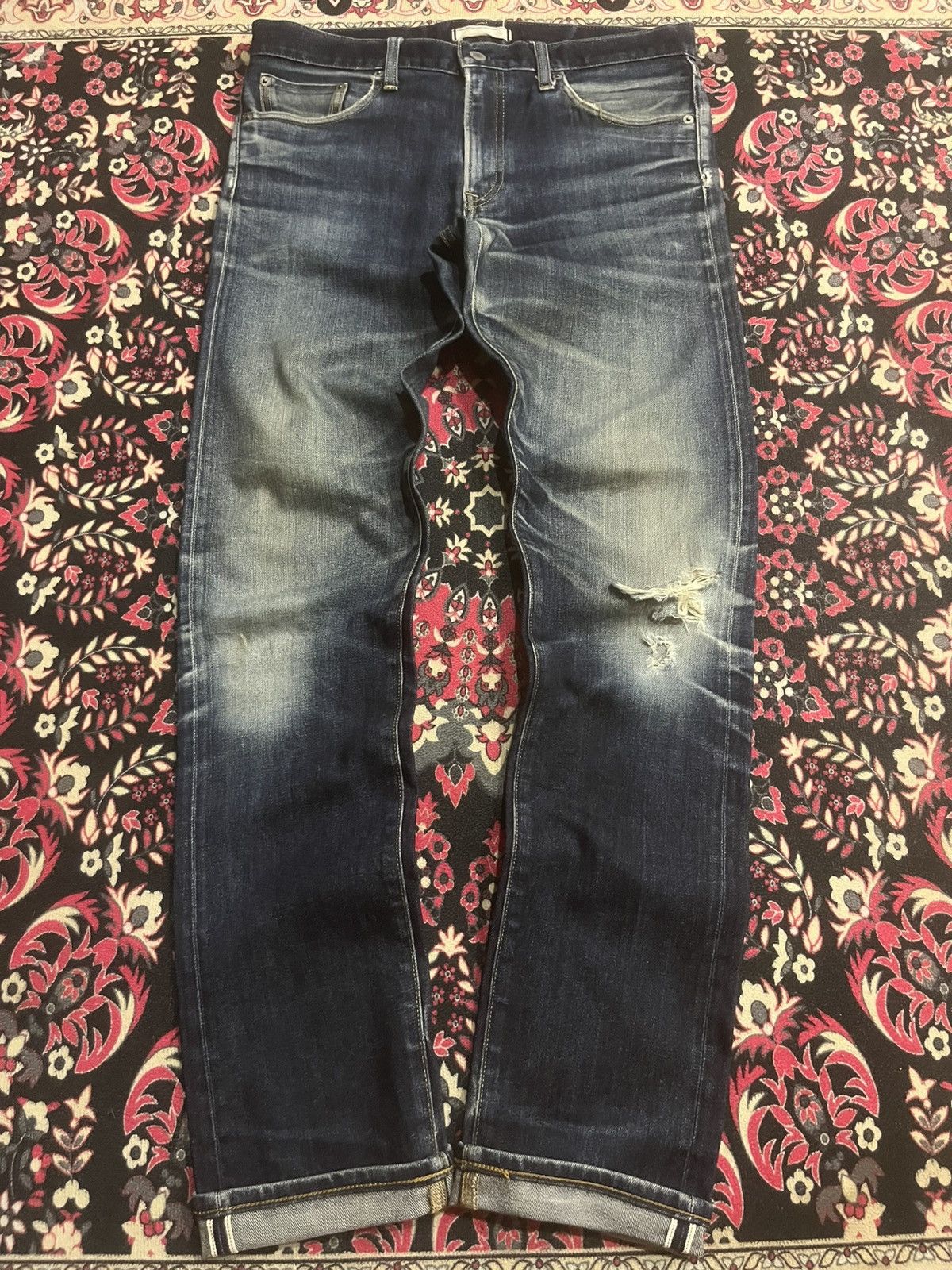 Uniqlo Dark Navy Blue Washed Distressed Slim Selvedge Jeans