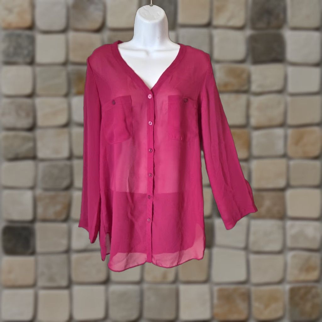 Vintage VINTAGE 80s Steven Barry Hot Pink Lightweight Sheer Button Front Top Shirt Tunic 9/10 Womens Size M / US 6-8 / IT 42-44 - 1 Thumbnail